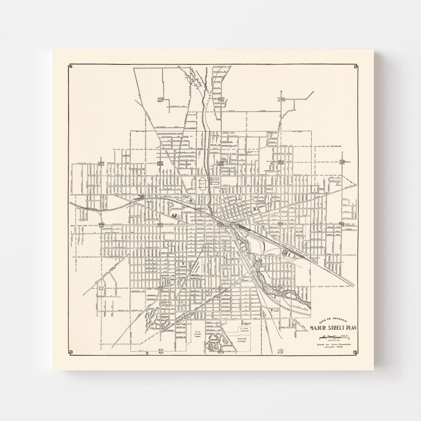 Vintage Map of Jackson, Michigan 1929