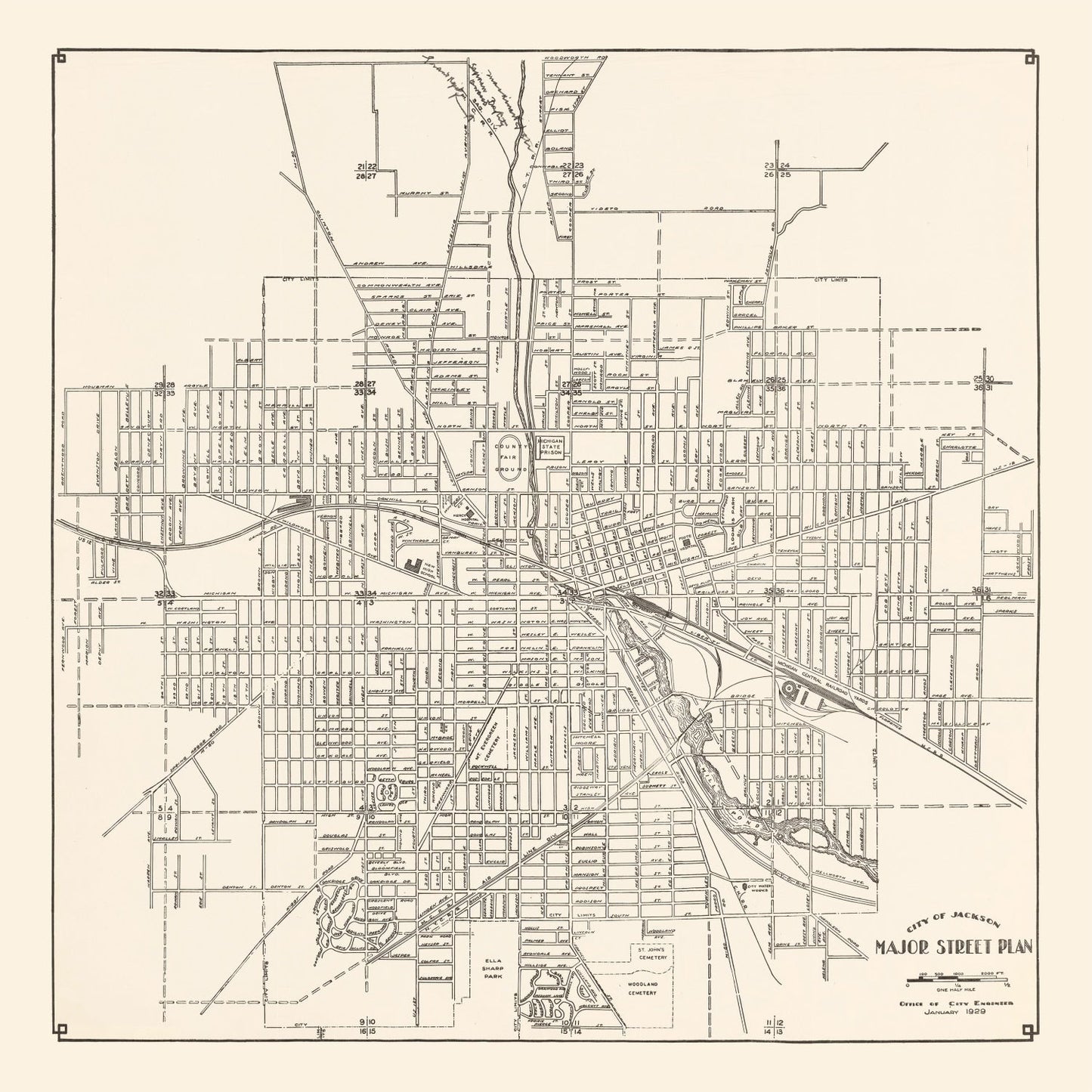 Vintage Map of Jackson, Michigan 1929
