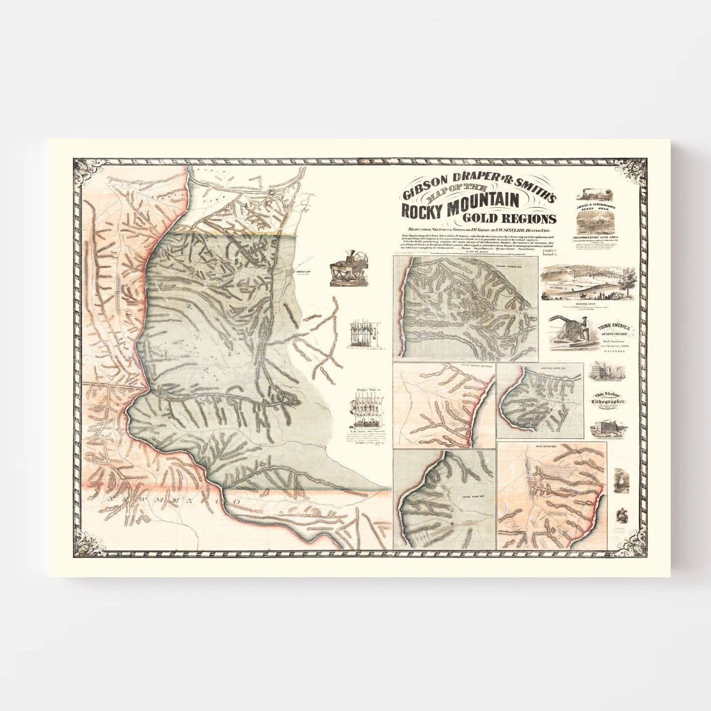 Vintage Rocky Mountain Gold Regions Map 1861