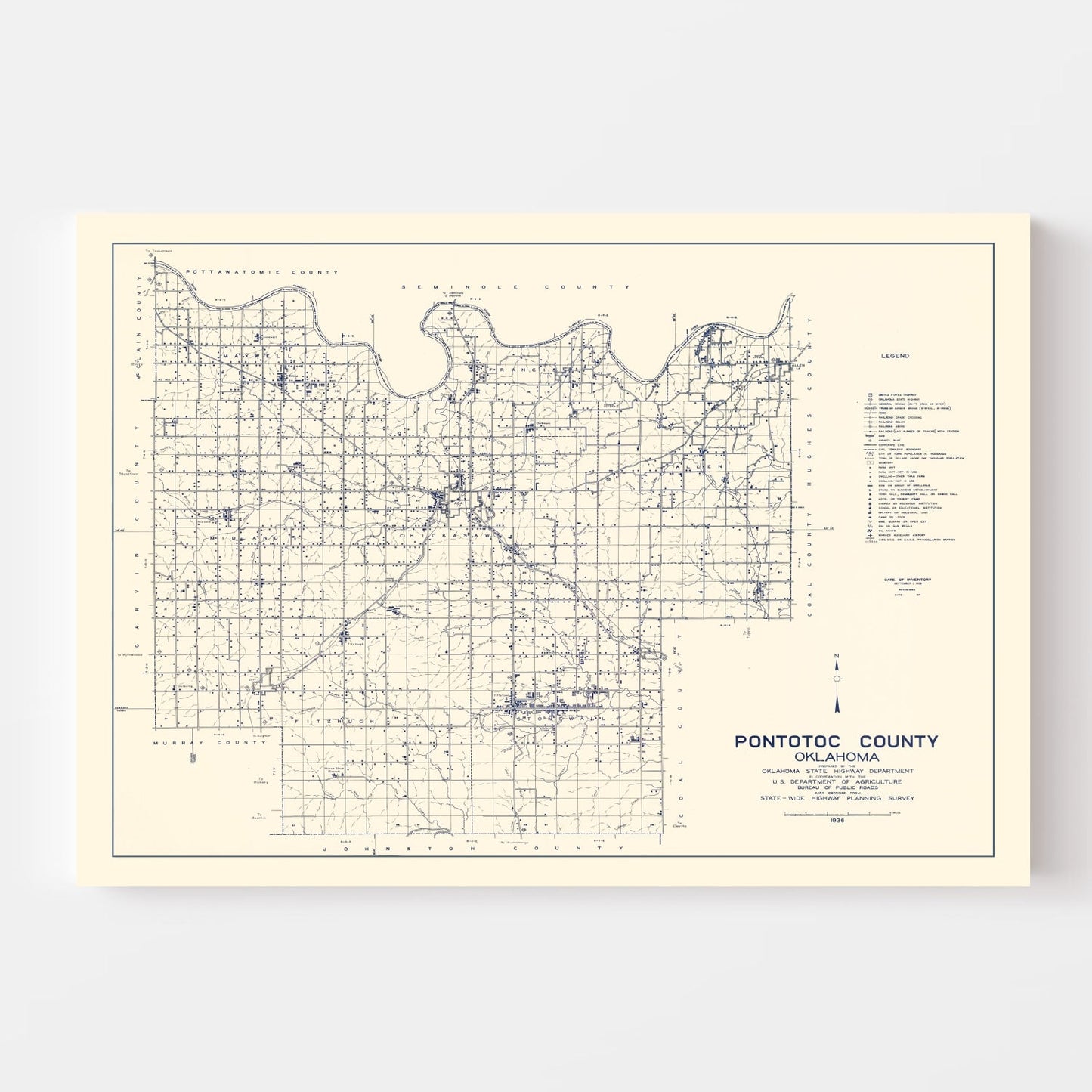 Vintage Map of Pontotoc County, Oklahoma 1936