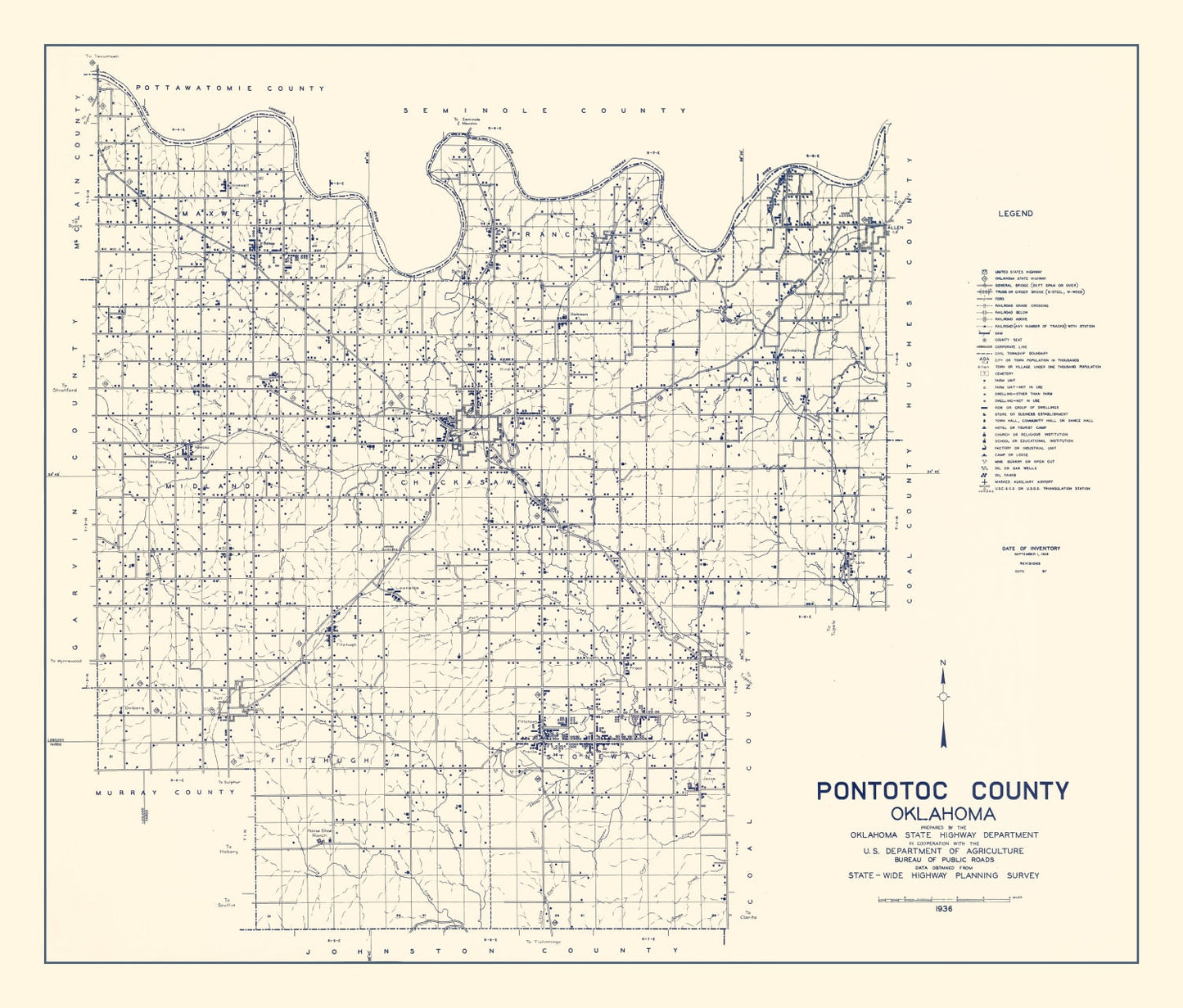 Vintage Map of Pontotoc County, Oklahoma 1936