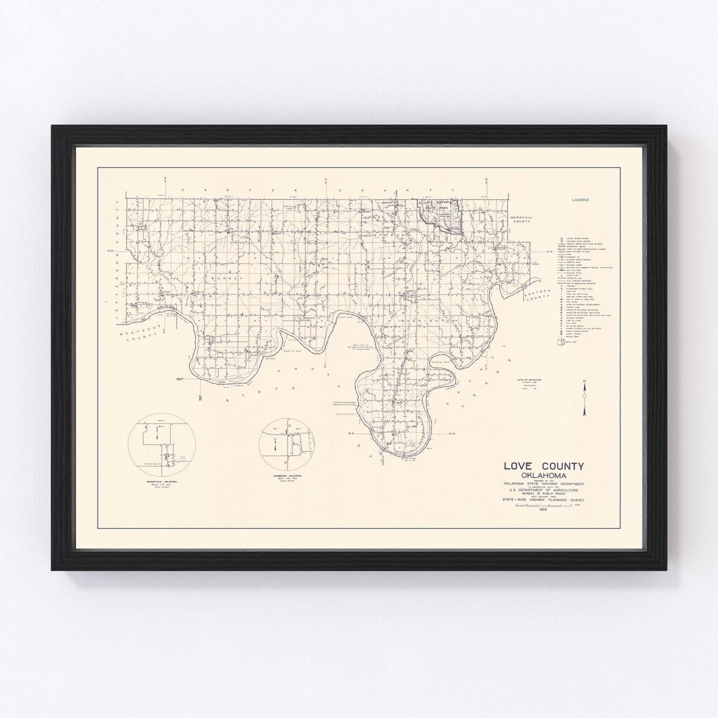 Vintage Map of Love County, Oklahoma 1936