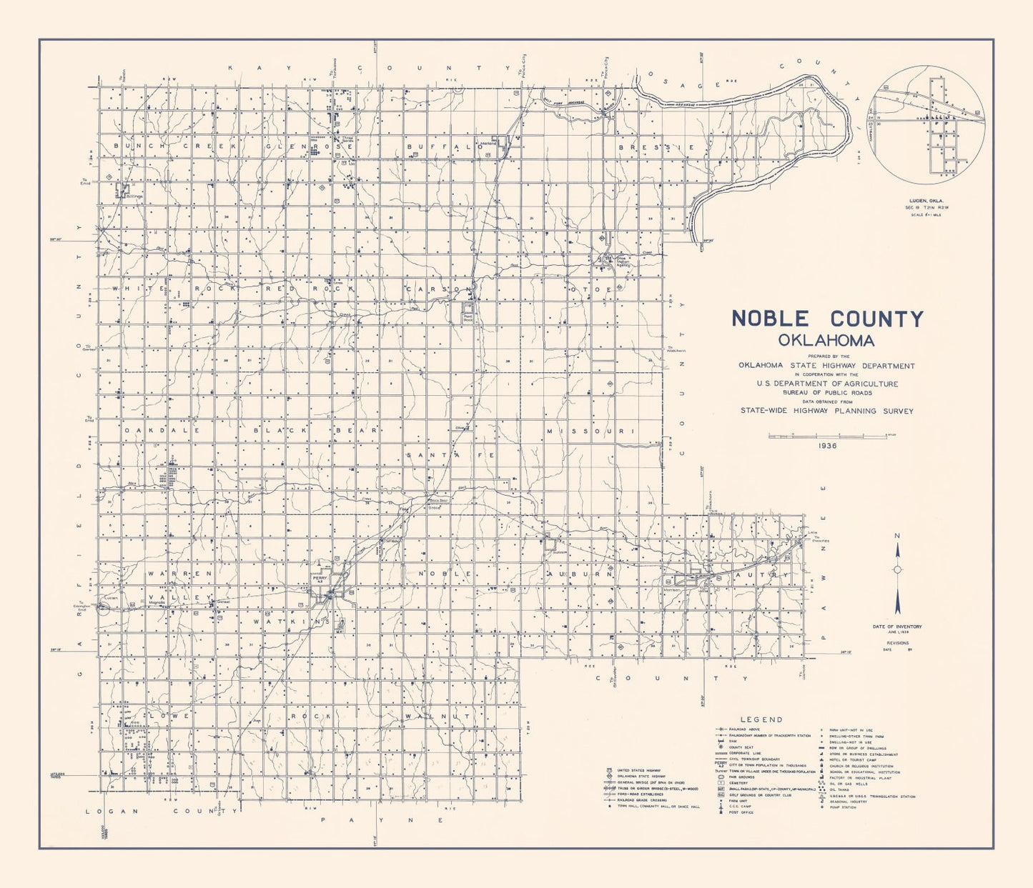 Vintage Map of Noble County, Oklahoma 1936