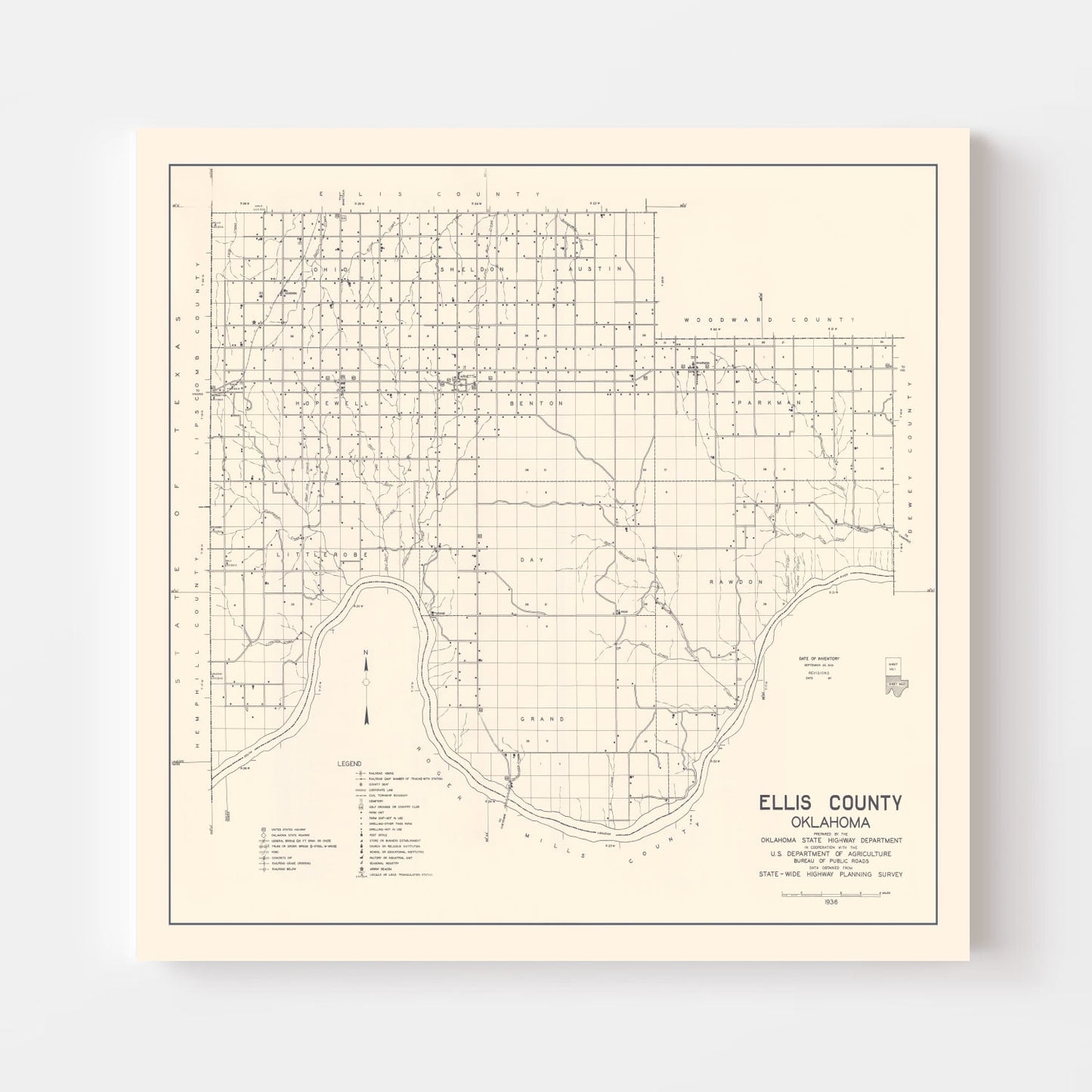 Vintage Map of Ellis County, Oklahoma 1936