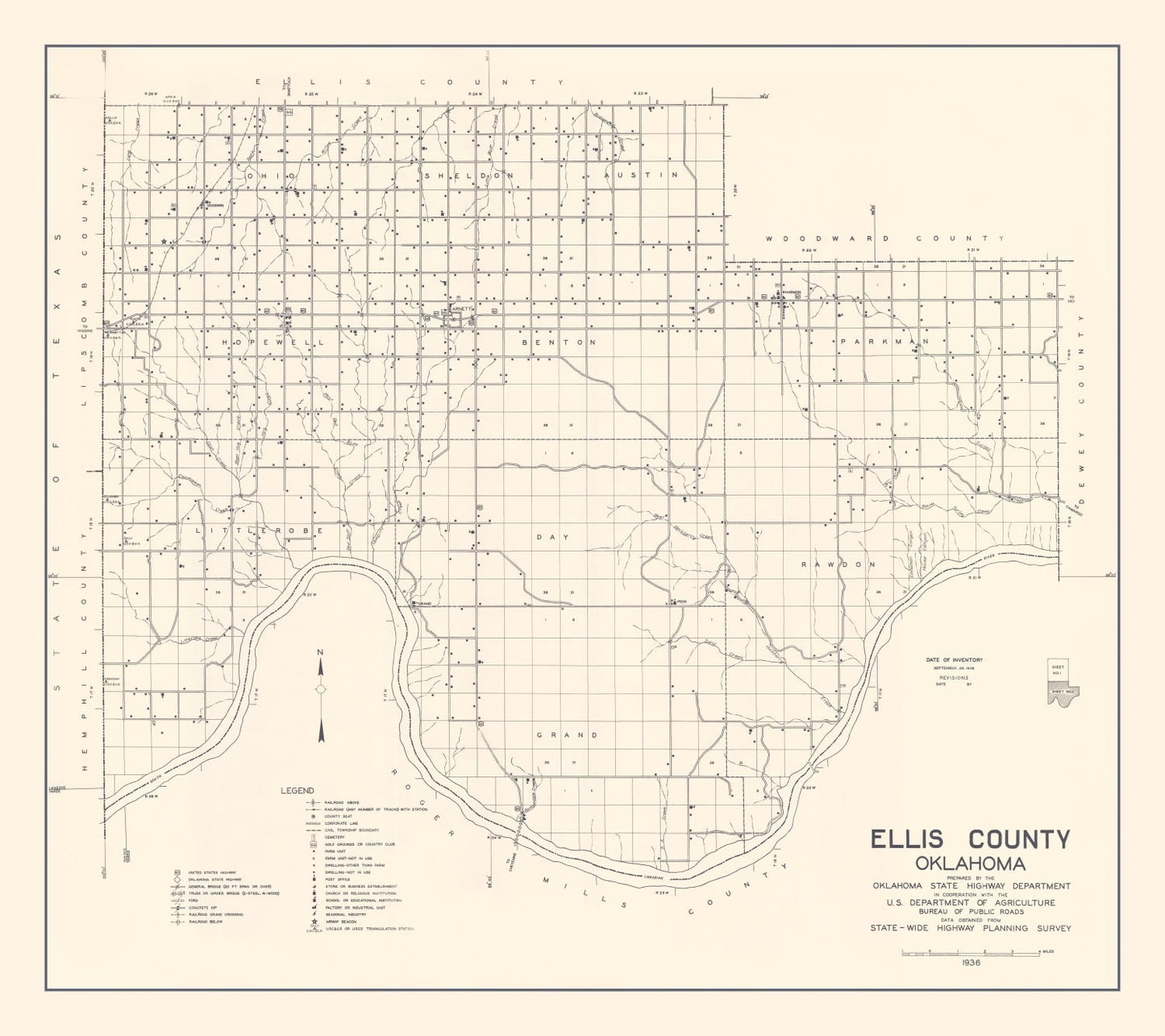 Vintage Map of Ellis County, Oklahoma 1936