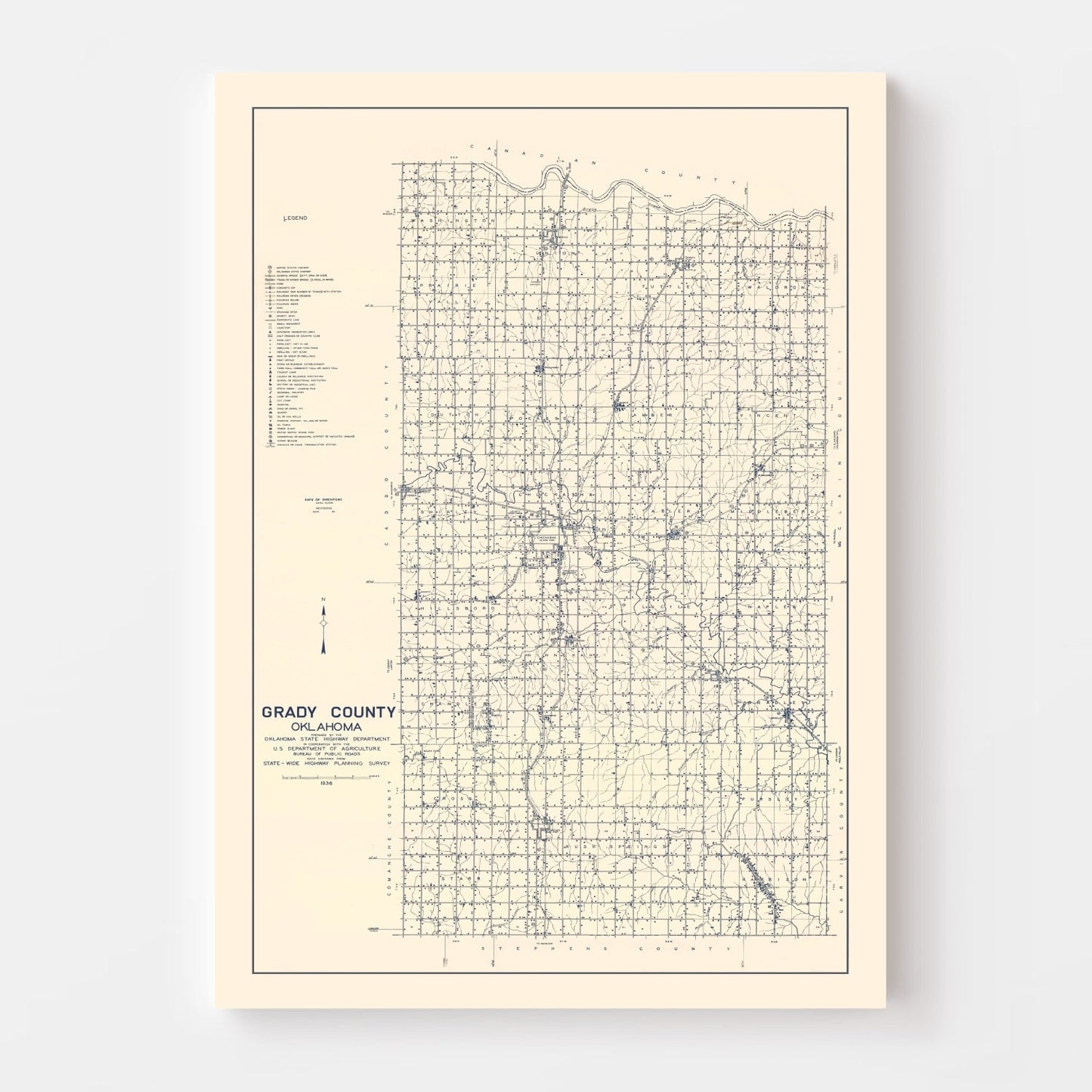 Vintage Map of Grady County, Oklahoma 1936