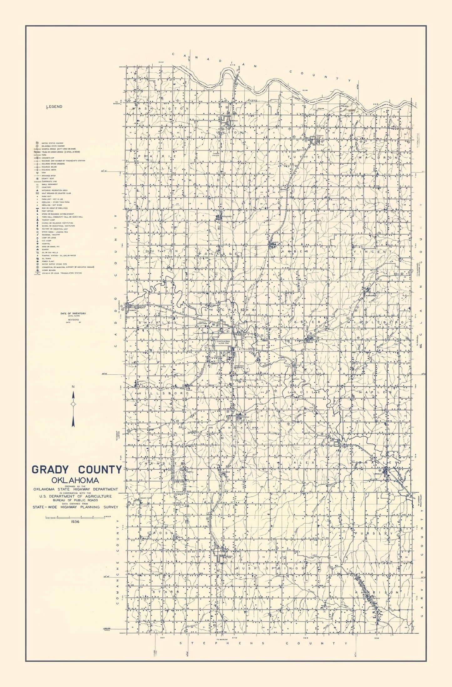 Vintage Map of Grady County, Oklahoma 1936