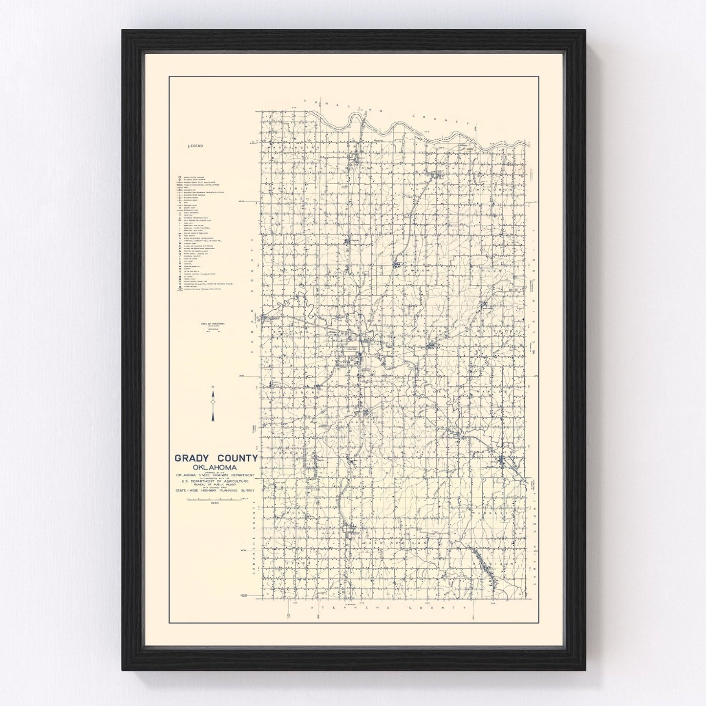 Vintage Map of Grady County, Oklahoma 1936