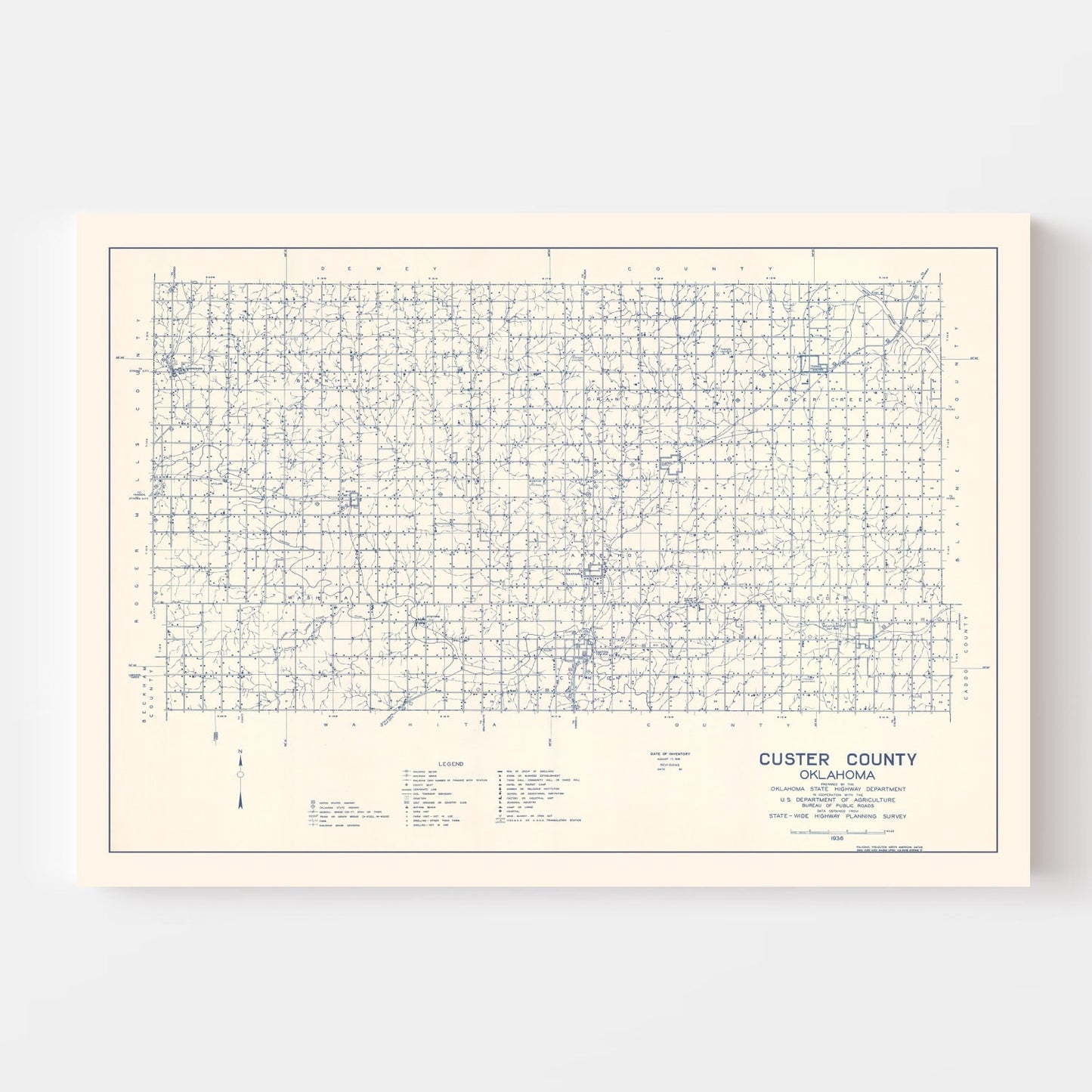 Vintage Map of Custer County, Oklahoma 1936