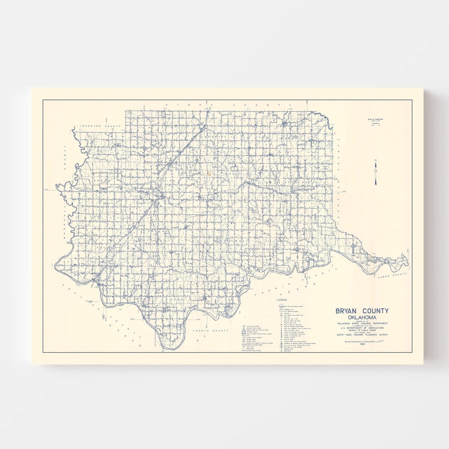 Vintage Map of Bryan County, Oklahoma 1936