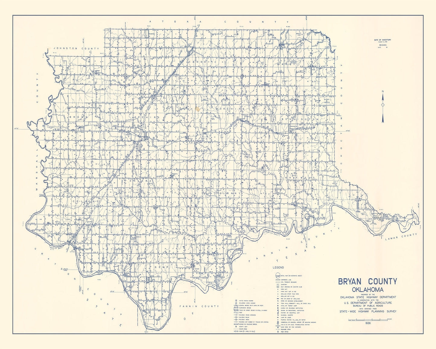 Vintage Map of Bryan County, Oklahoma 1936