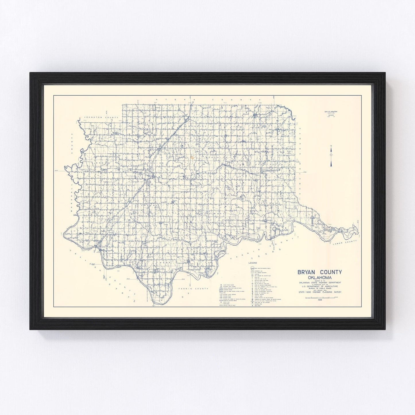 Vintage Map of Bryan County, Oklahoma 1936