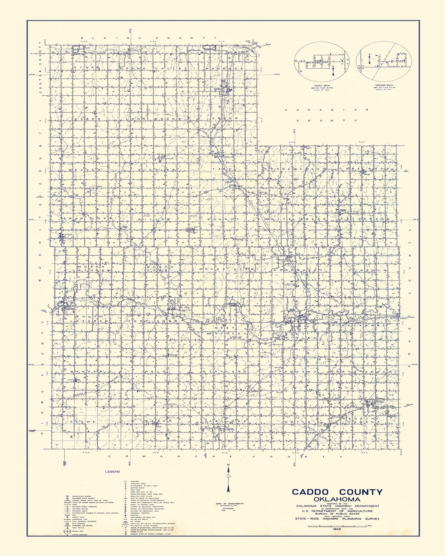 Vintage Map of Caddo County, Oklahoma 1936