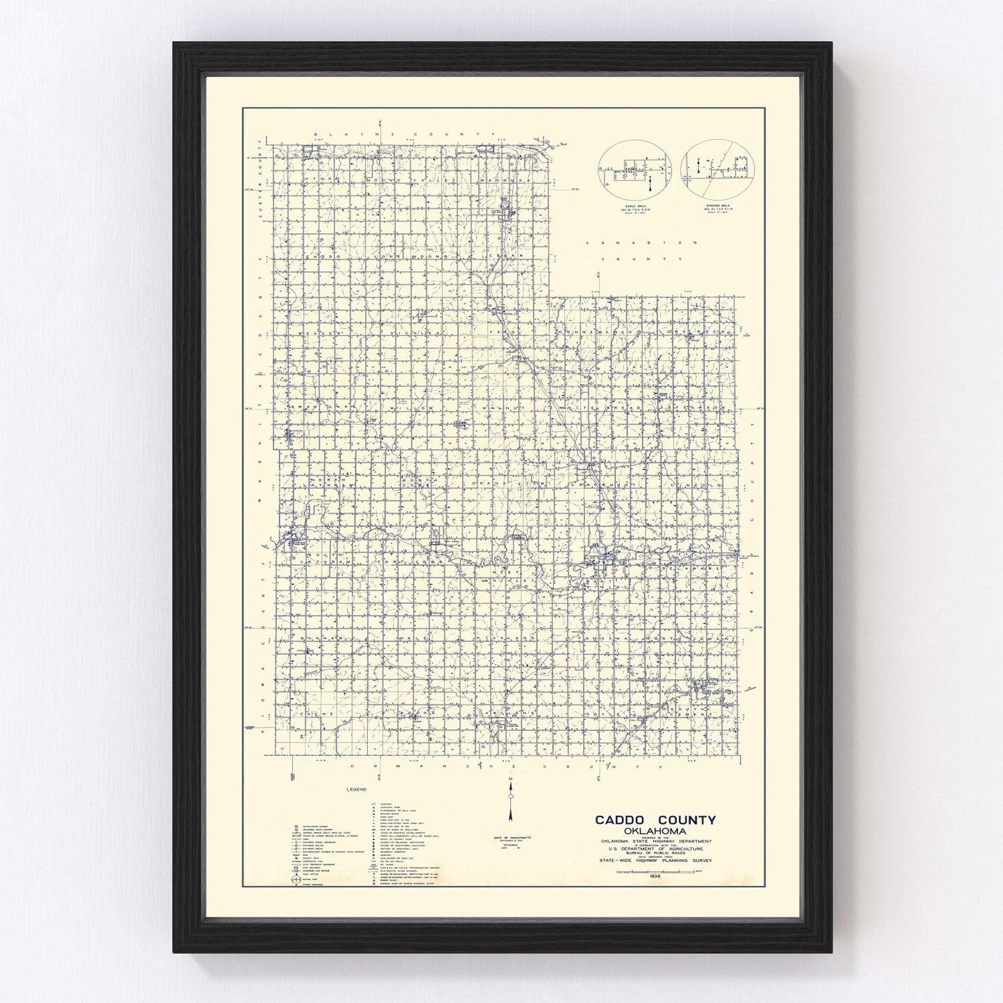 Vintage Map of Caddo County, Oklahoma 1936