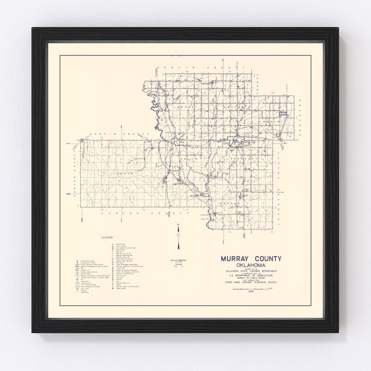 Vintage Map of Murray County, Oklahoma 1936