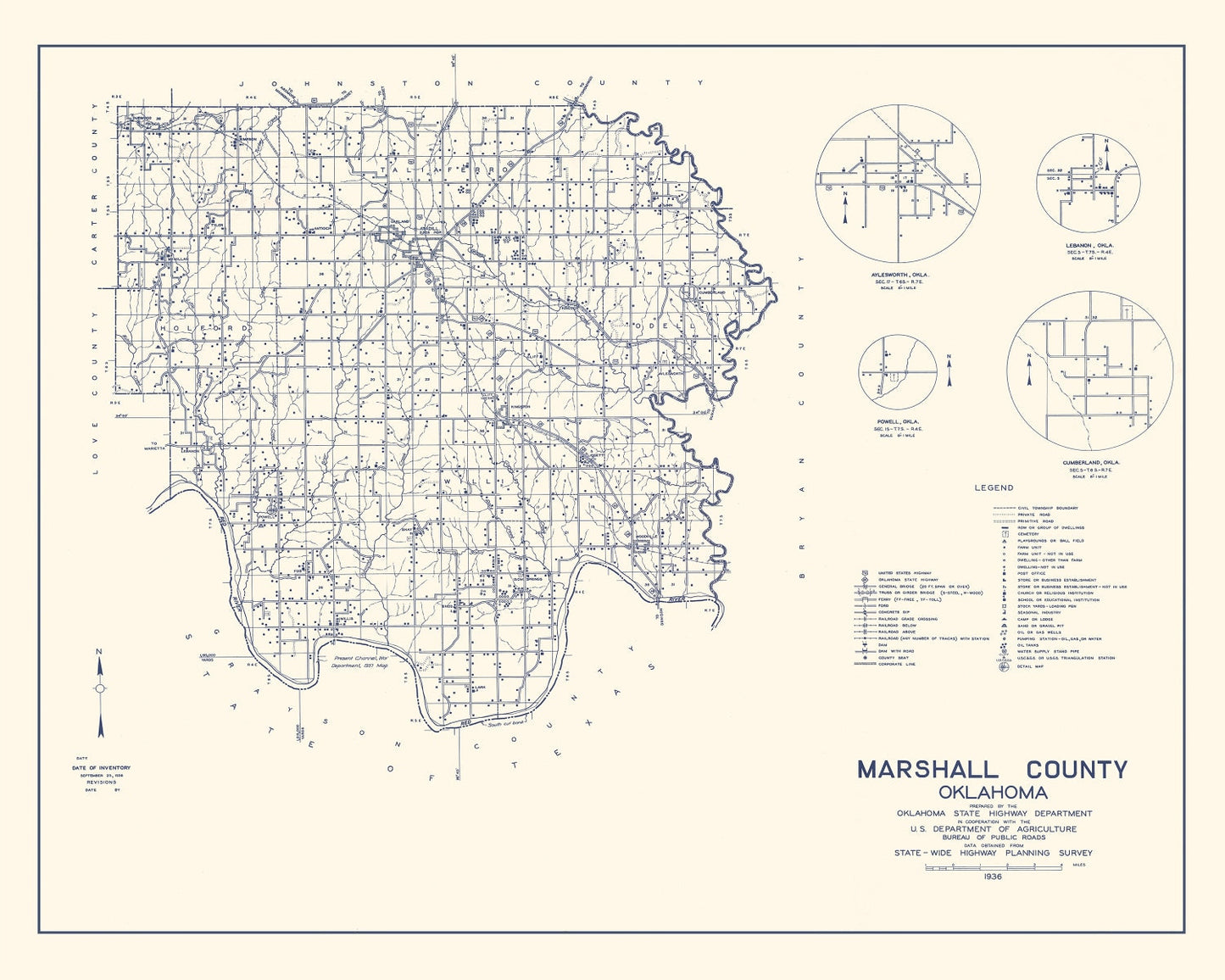 Vintage Map of Marshall County, Oklahoma 1936