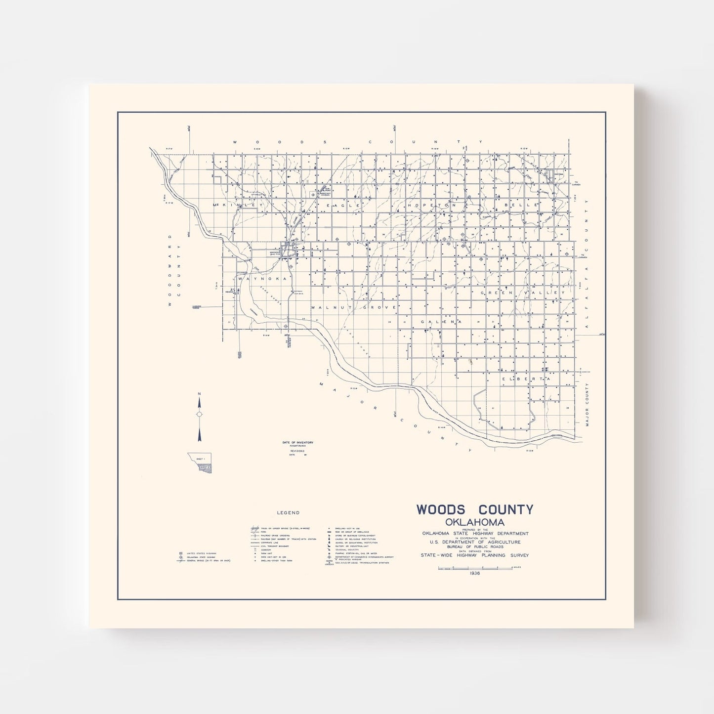 Vintage Map of Woods County, Oklahoma 1936