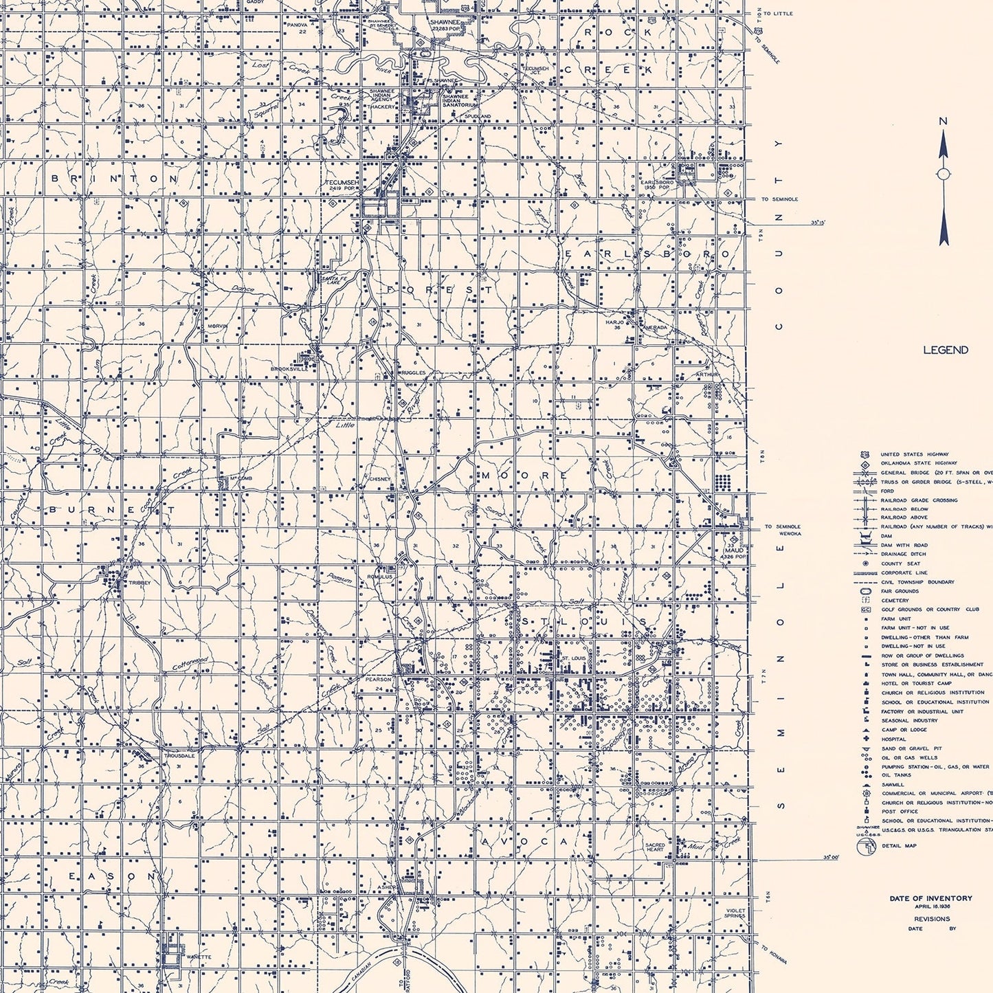 Vintage Map of Pottawatomie County, Oklahoma 1936