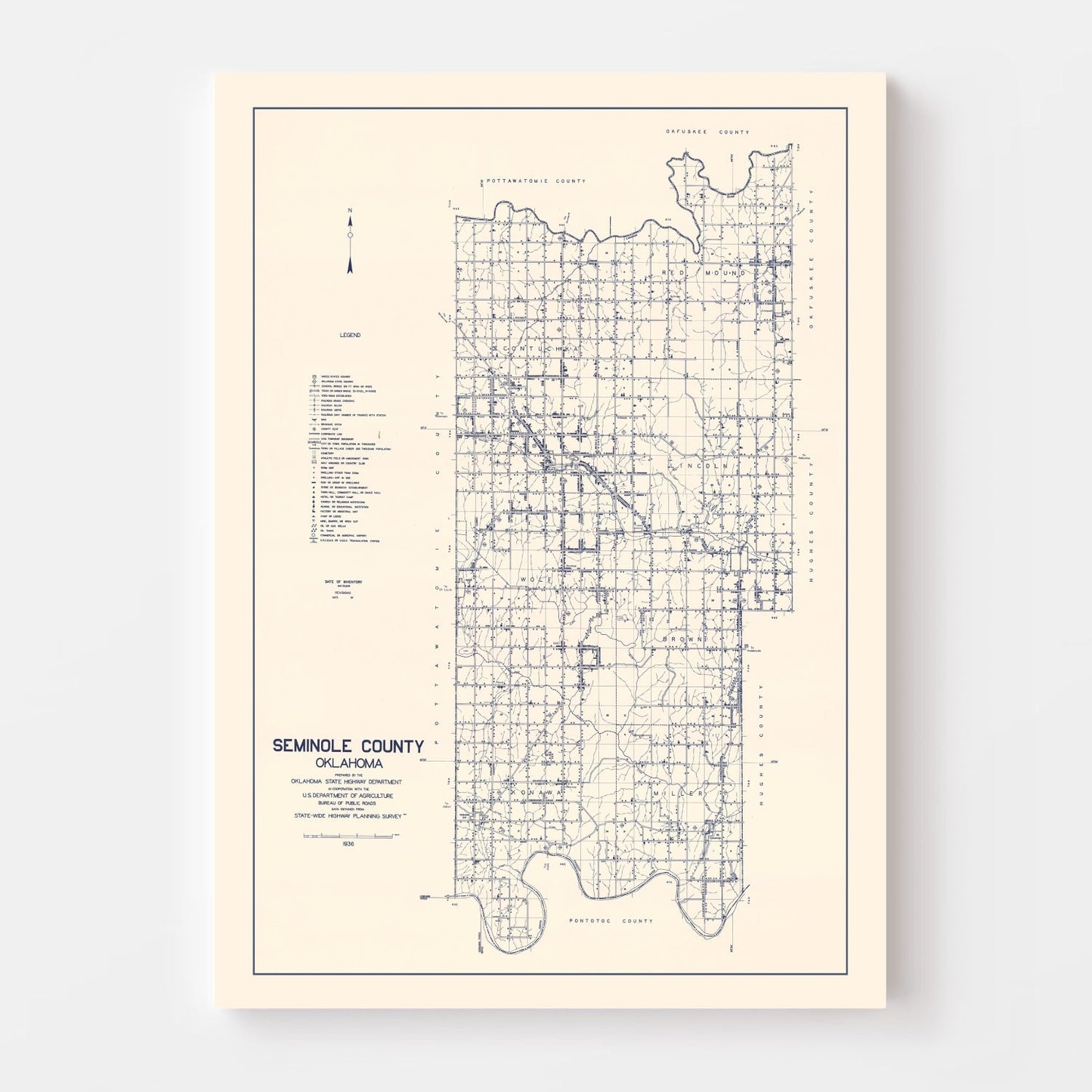Vintage Map of Seminole County, Oklahoma 1936