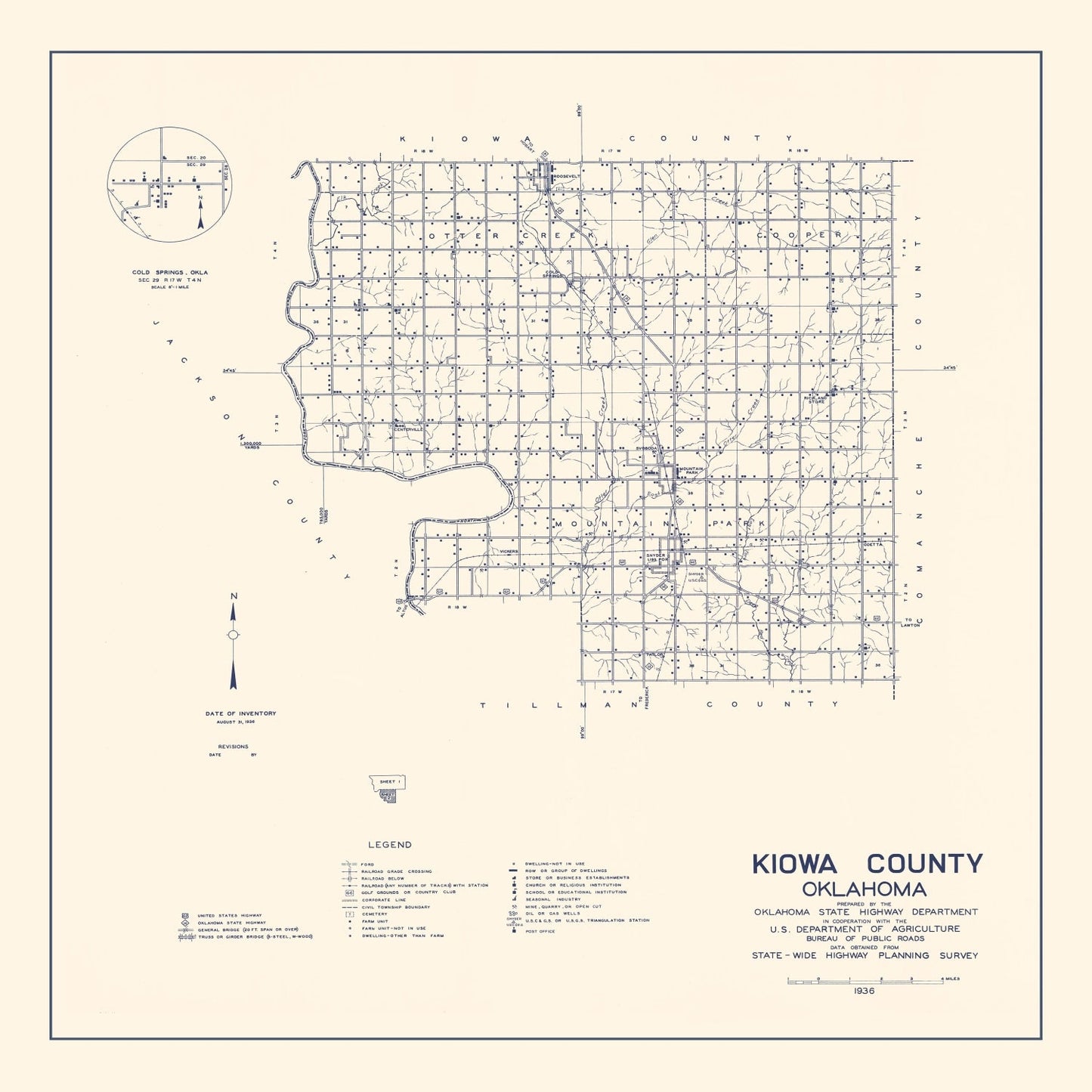 Vintage Map of Kiowa County, Oklahoma 1936