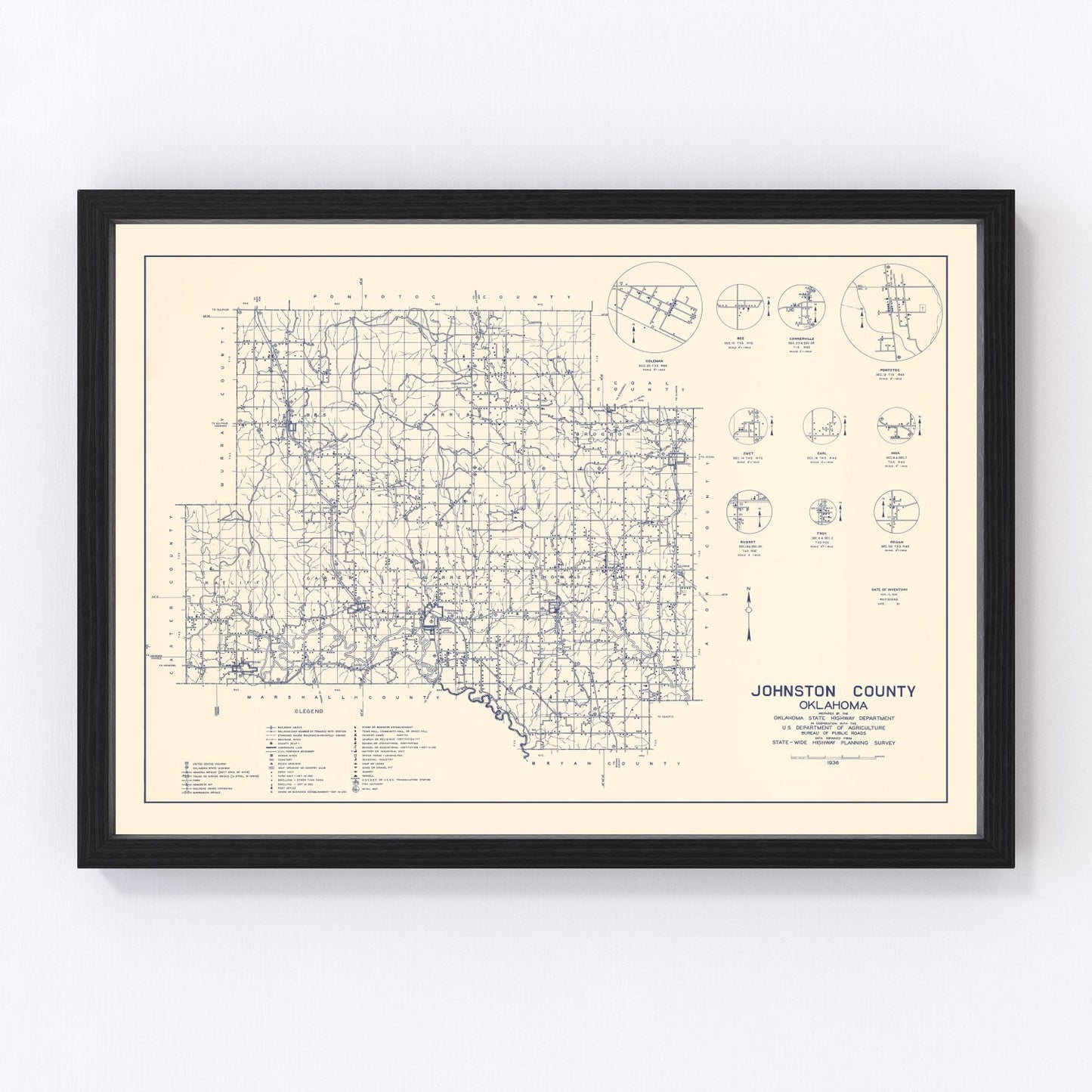 Vintage Map of Johnston County, Oklahoma 1936