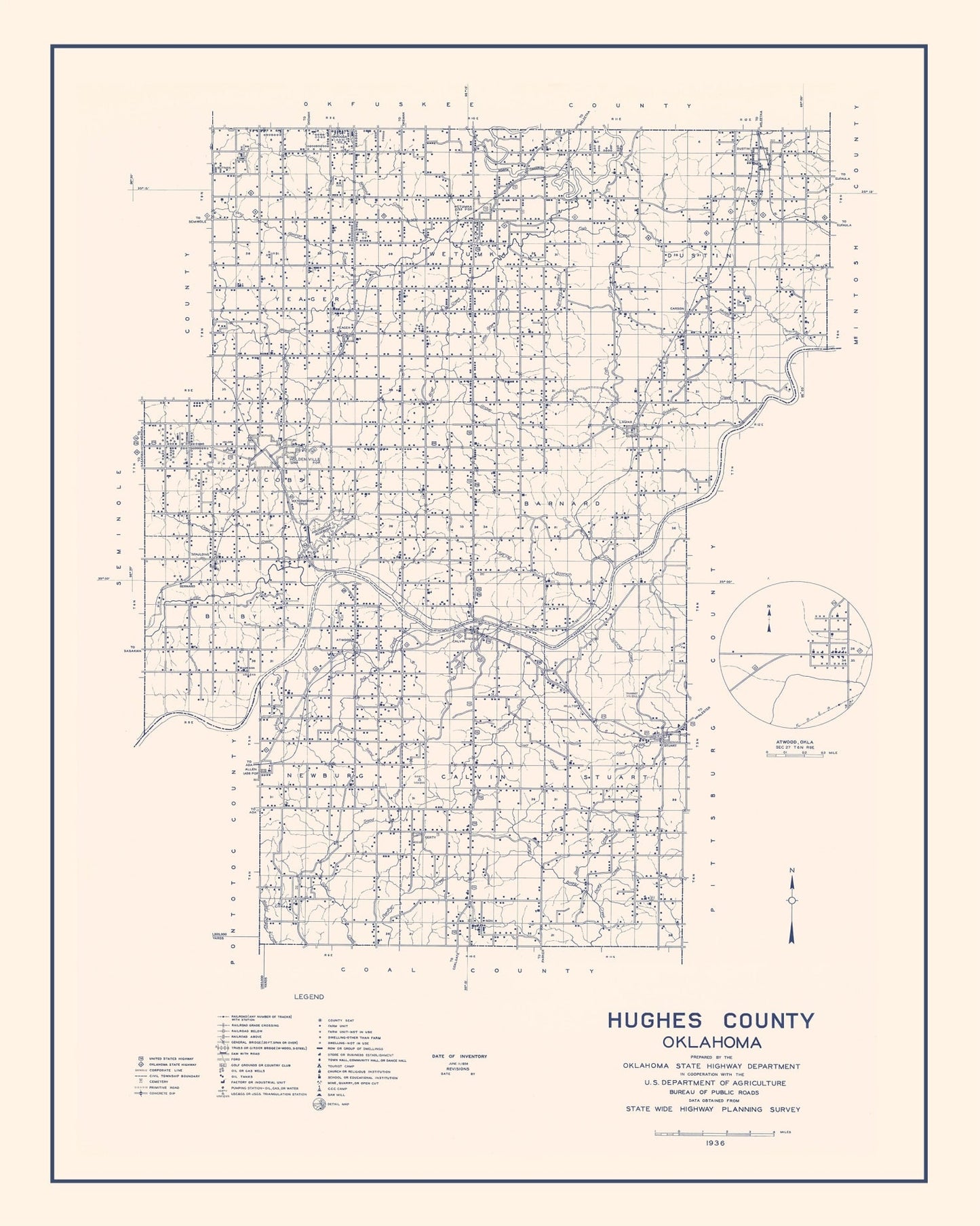 Vintage Map of Hughes County, Oklahoma 1936