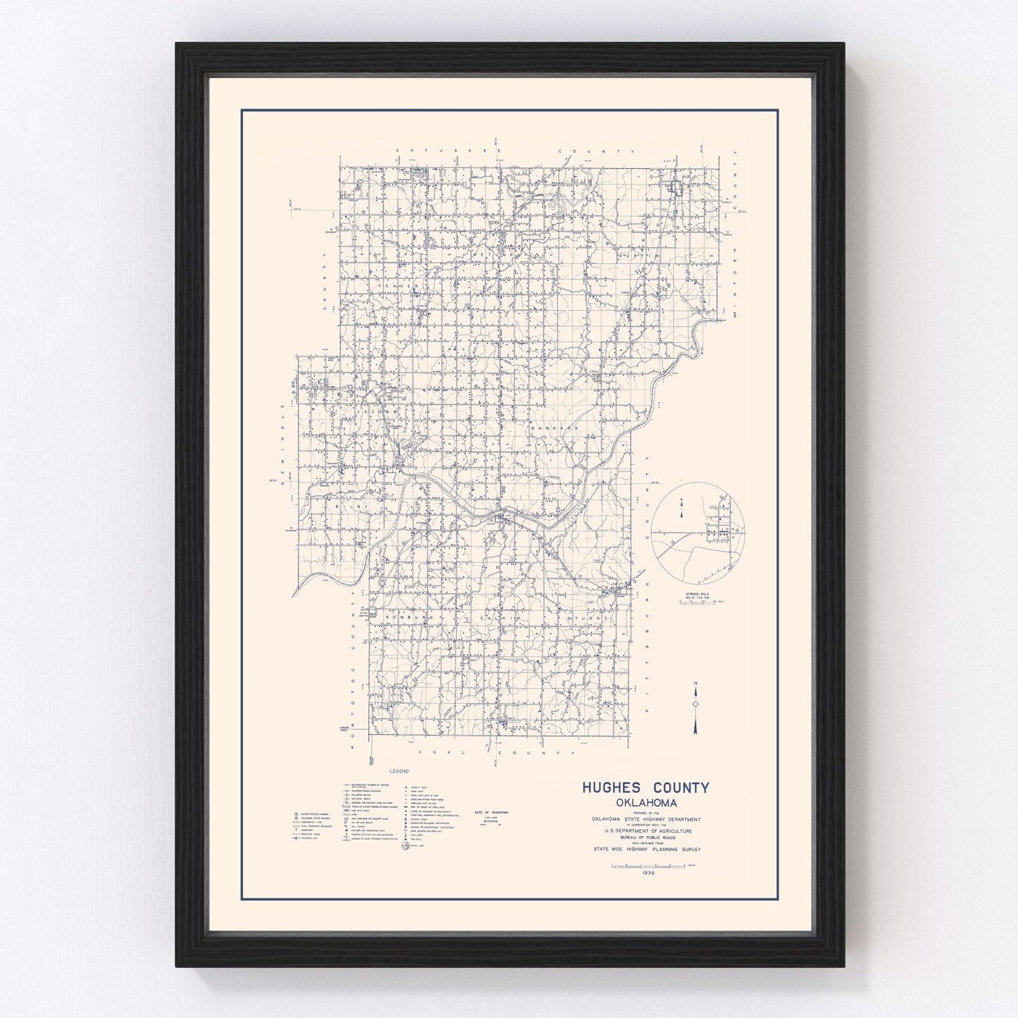 Vintage Map of Hughes County, Oklahoma 1936