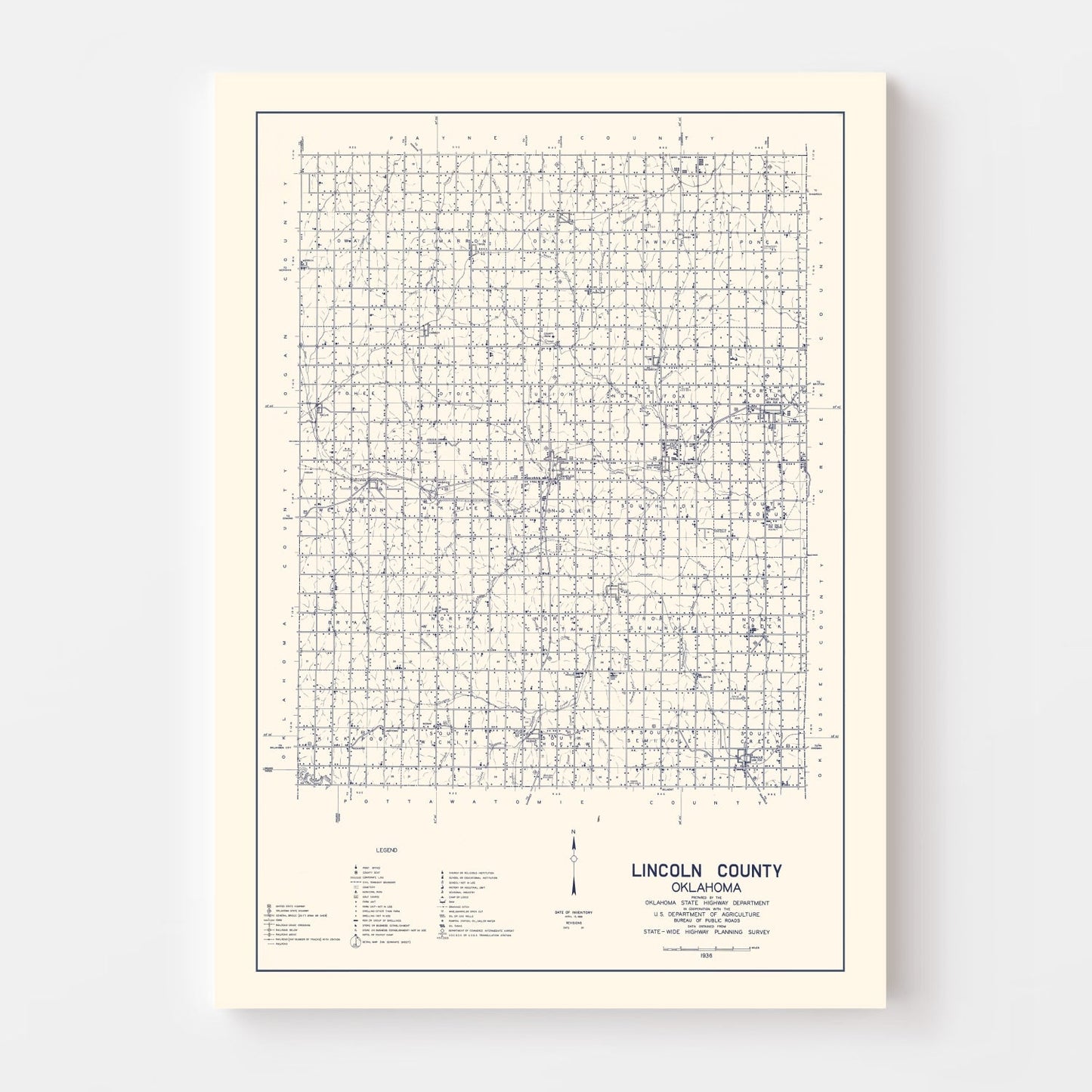Vintage Map of Lincoln County, Oklahoma 1936