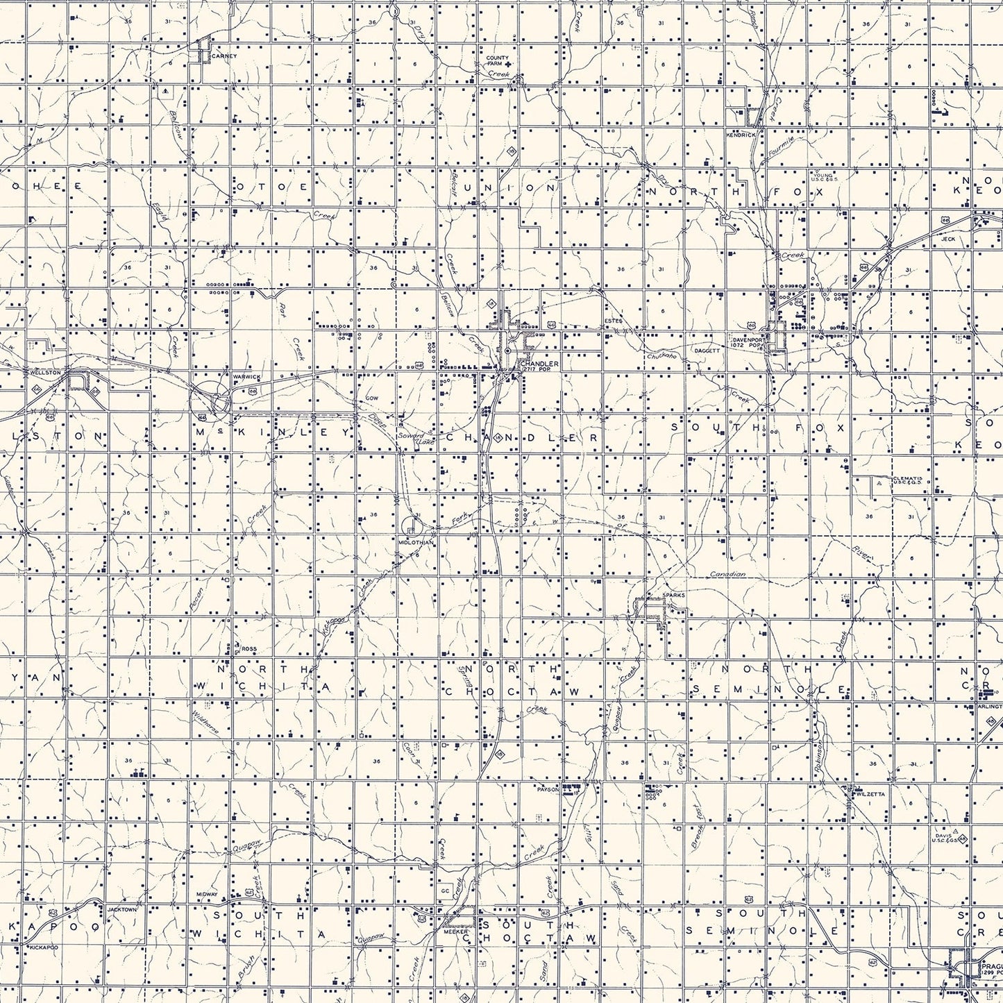 Vintage Map of Lincoln County, Oklahoma 1936