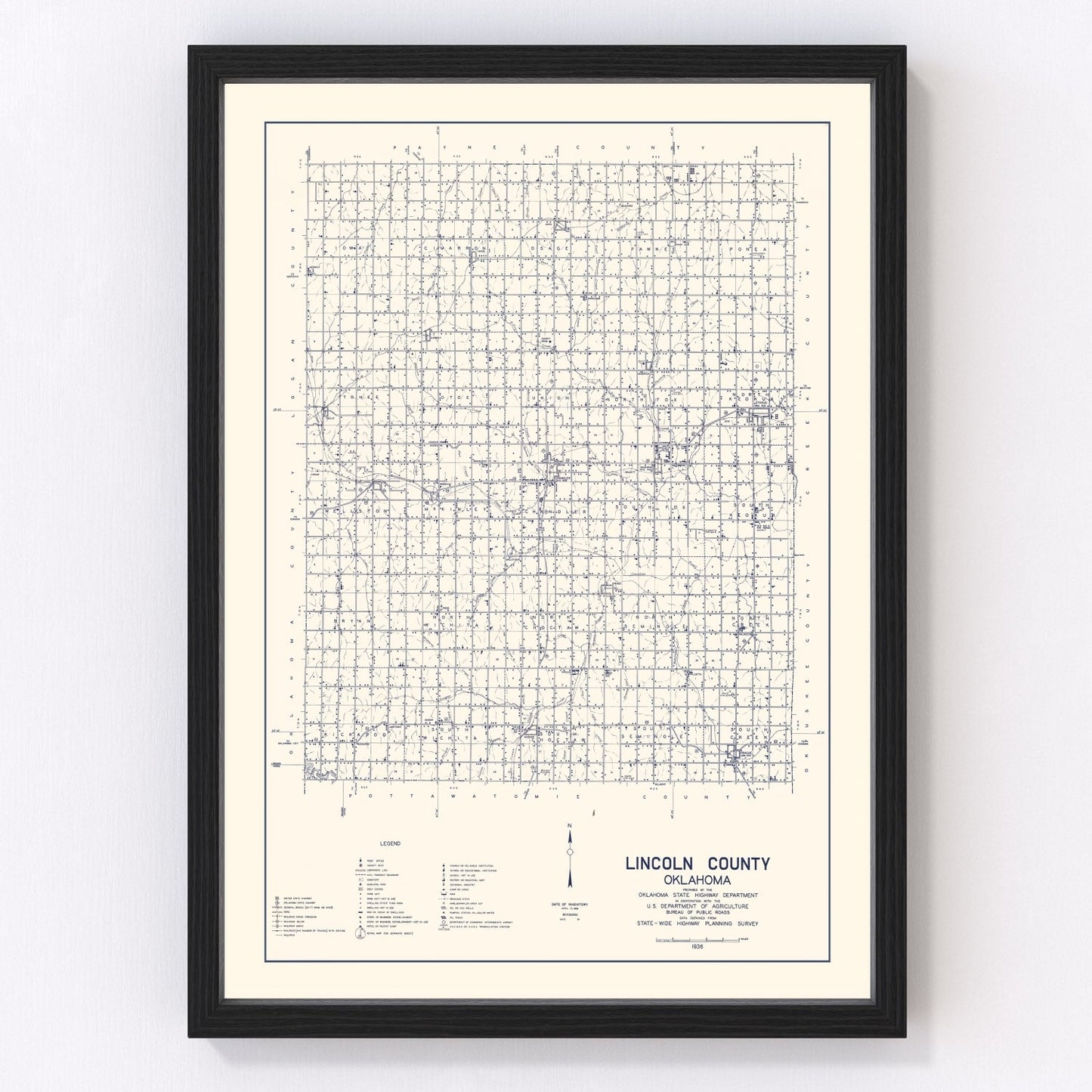 Vintage Map of Lincoln County, Oklahoma 1936