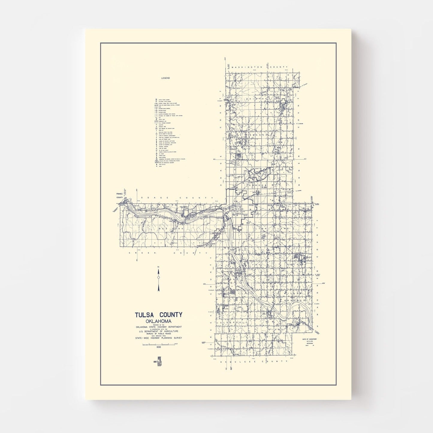 Vintage Map of Tulsa County, Oklahoma 1936