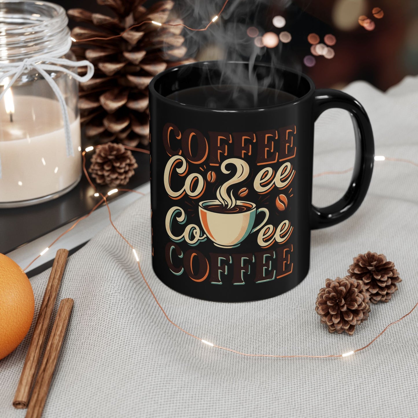 Coffee Lovers Black Mug — Retro 'Coffee' Typography with Steaming Cup (11oz & 15oz)