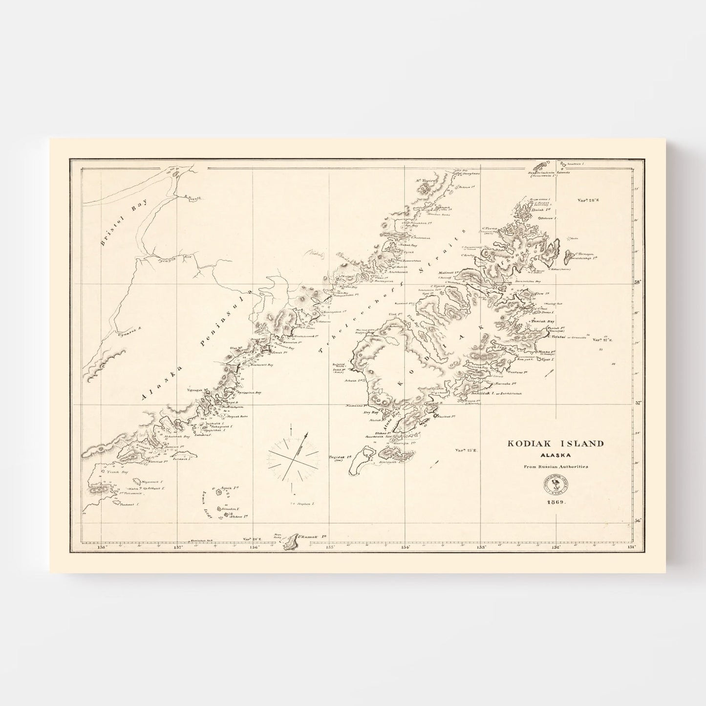 Vintage Kodiak Island, AK Map 1869