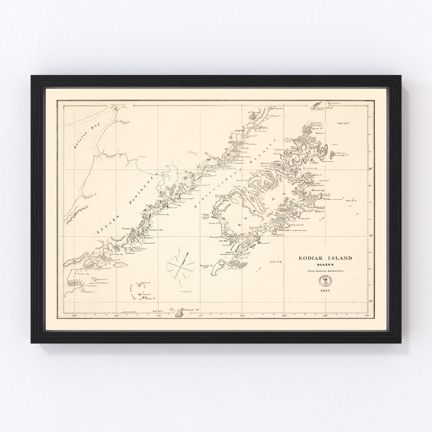 Vintage Kodiak Island, AK Map 1869
