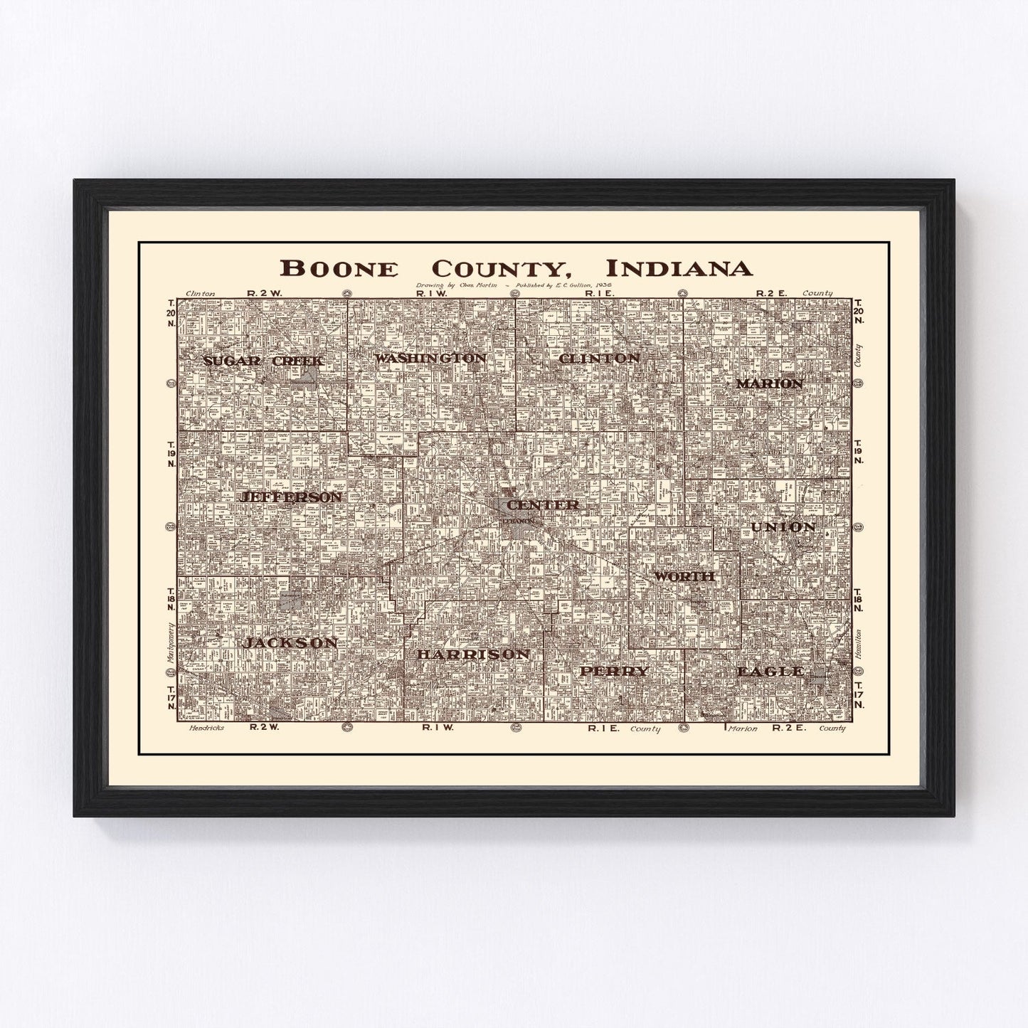Vintage Map of Boone County, Indiana 1936