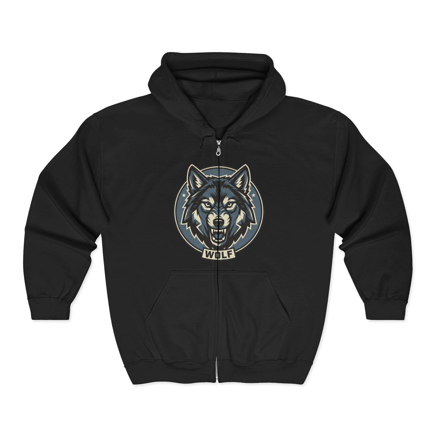 Wolf Head Zip Hoodie — Vintage Wolf Full-Zip Hooded Sweatshirt