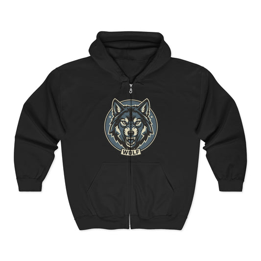 Wolf Head Zip Hoodie — Vintage Wolf Full-Zip Hooded Sweatshirt