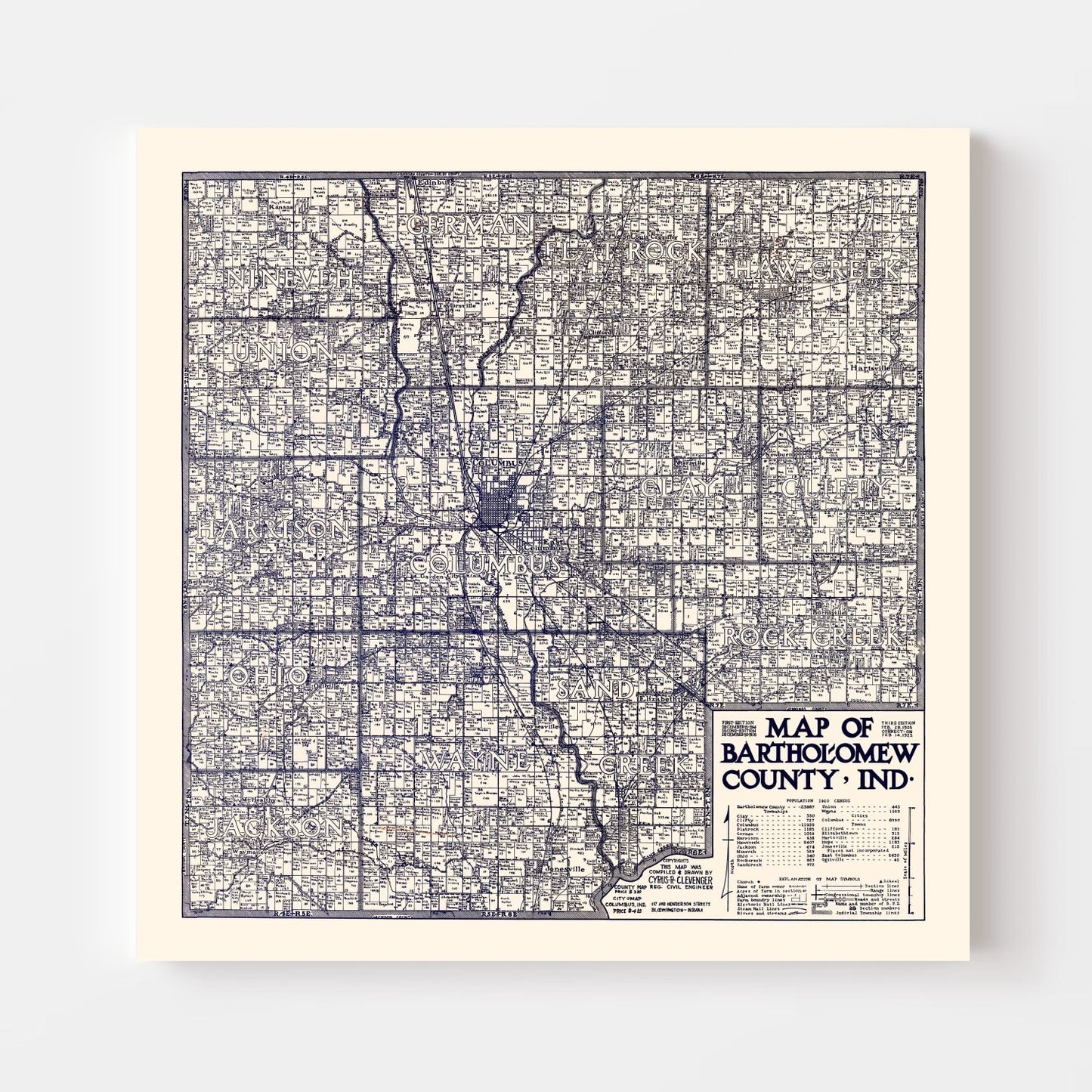 Vintage Map of Bartholomew County, Indiana 1925
