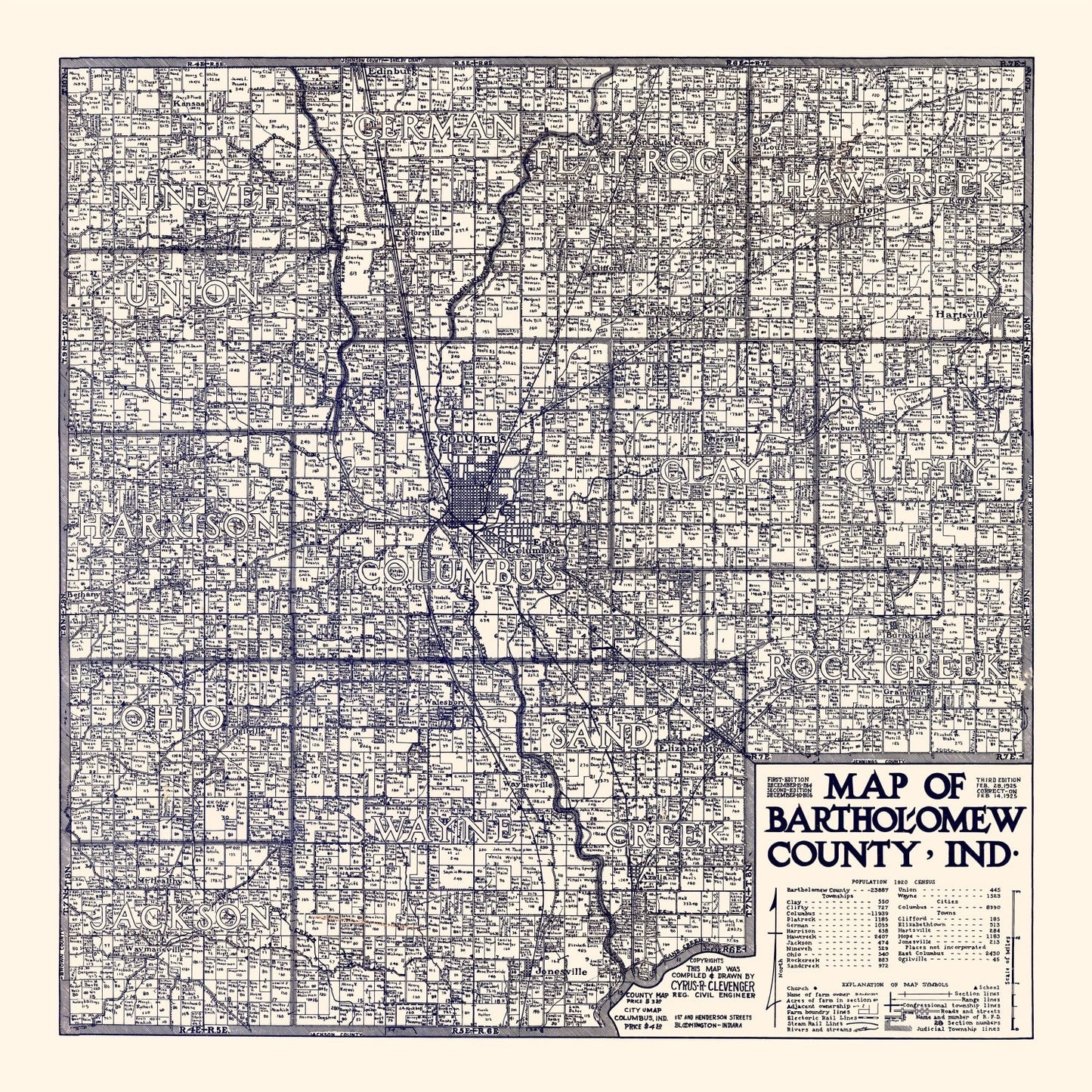 Vintage Map of Bartholomew County, Indiana 1925