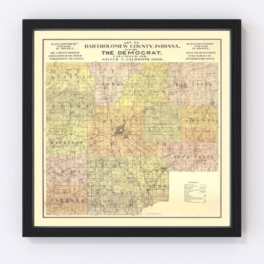 Vintage Map of Bartholomew County, Indiana 1910