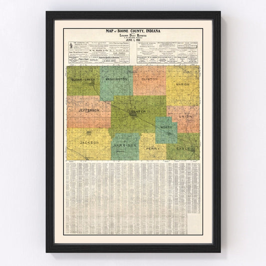 Vintage Map of Boone County, Indiana 1910