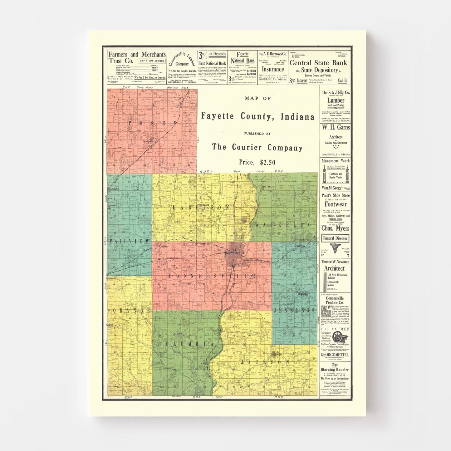Vintage Map of Fayette County, Indiana 1917