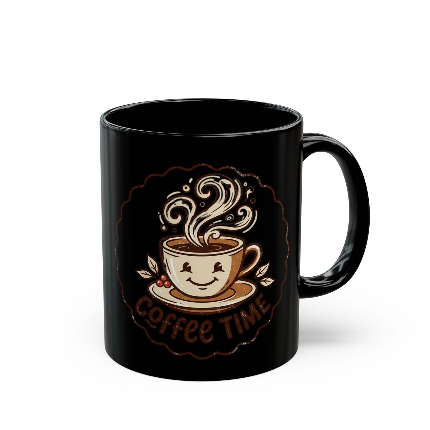 Coffee Time Black Mug – Cute Smiling Coffee Cup Ceramic Mug (11oz, 15oz)