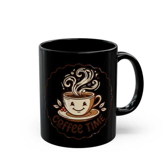 Coffee Time Black Mug – Cute Smiling Coffee Cup Ceramic Mug (11oz, 15oz)