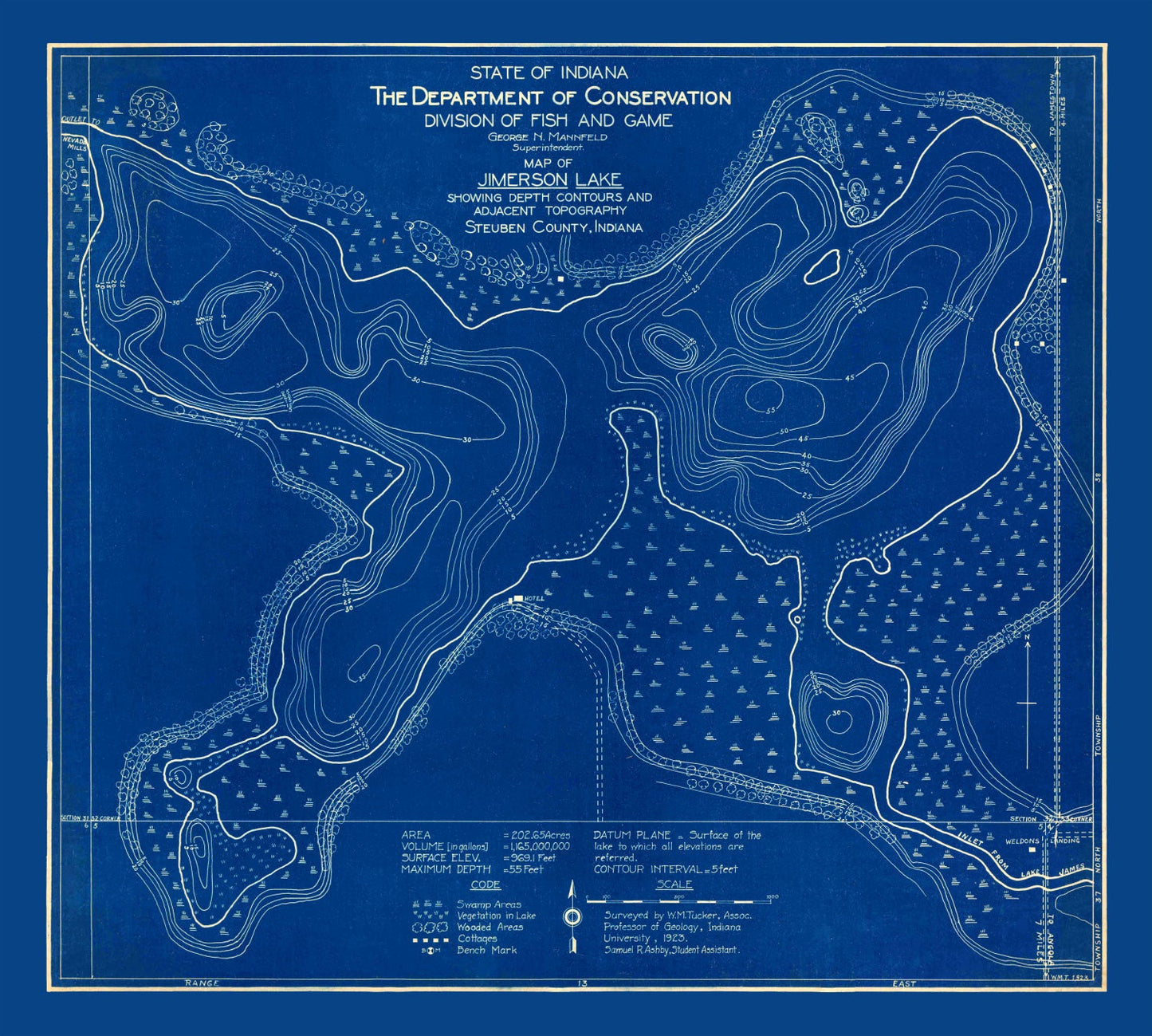 Vintage Jimerson Lake, IN Map 1923
