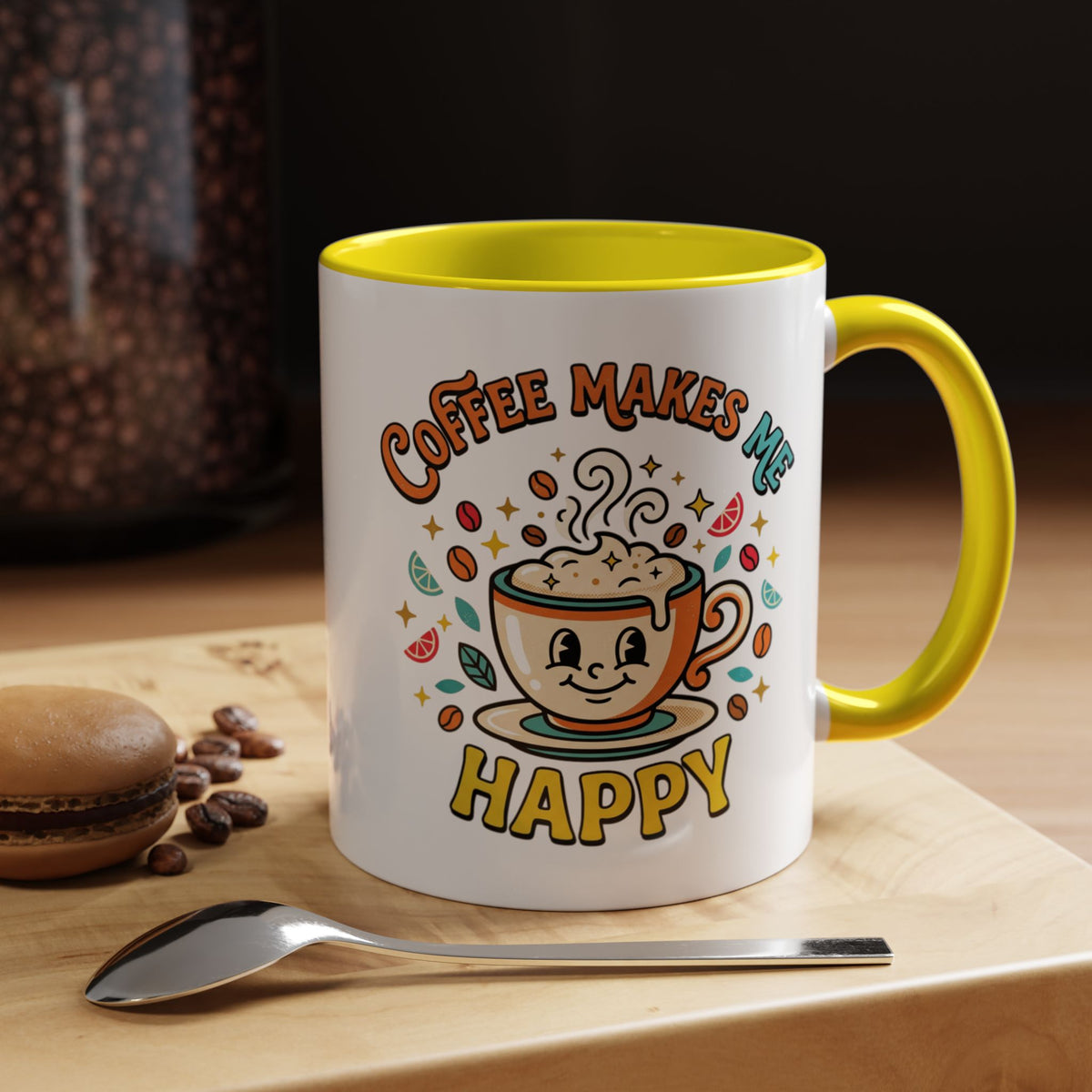 Coffee Mug — "Coffee Makes Me Happy" Cute Retro Accent Mug (11/15oz)