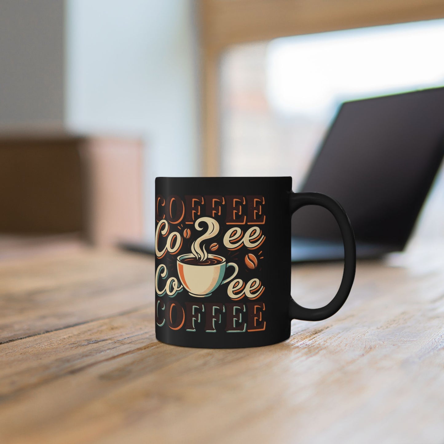 Coffee Lovers Black Mug — Retro 'Coffee' Typography with Steaming Cup (11oz & 15oz)