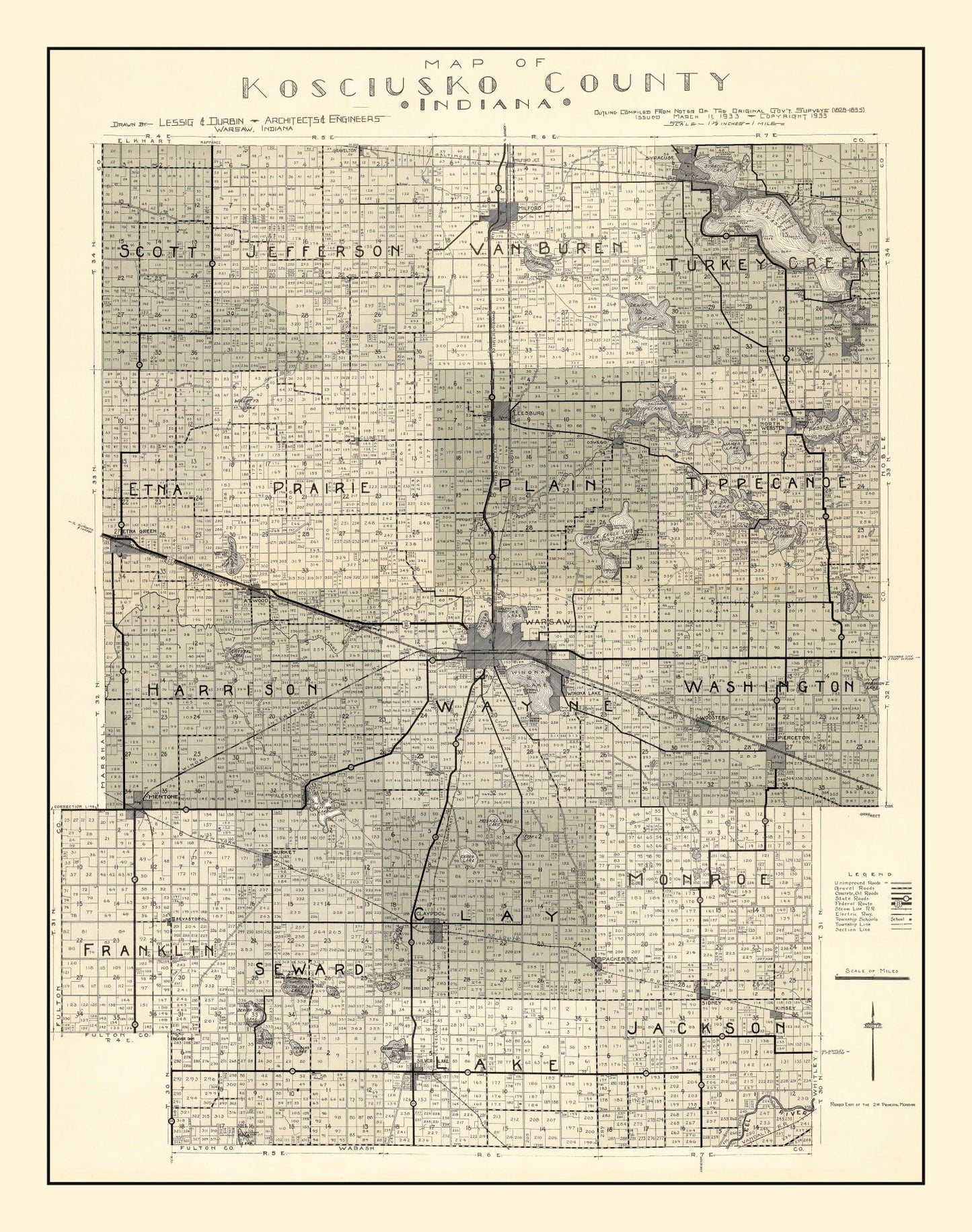 Vintage Map of Kosciusko County, Indiana 1933