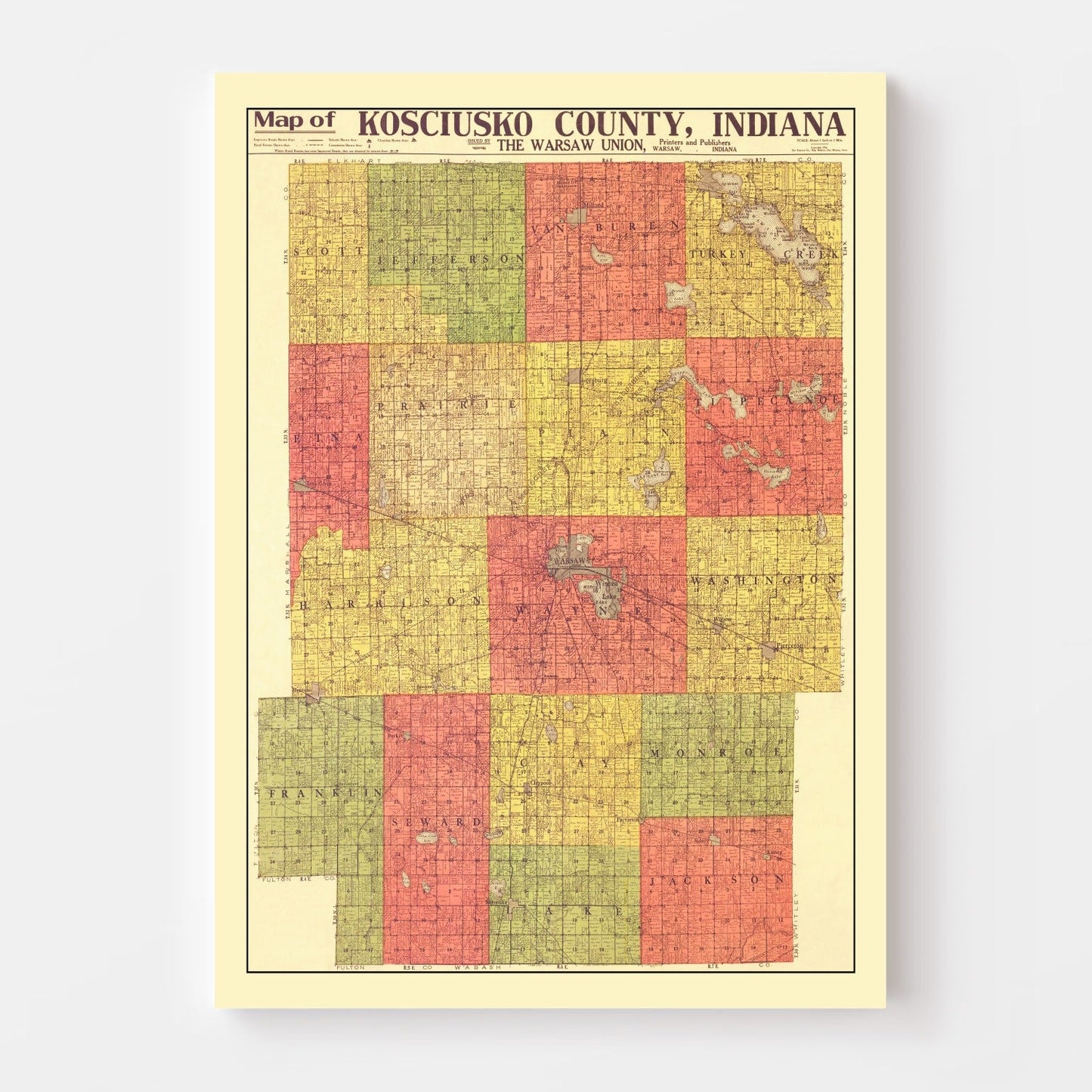 Vintage Map of Kosciusko County, Indiana 1916