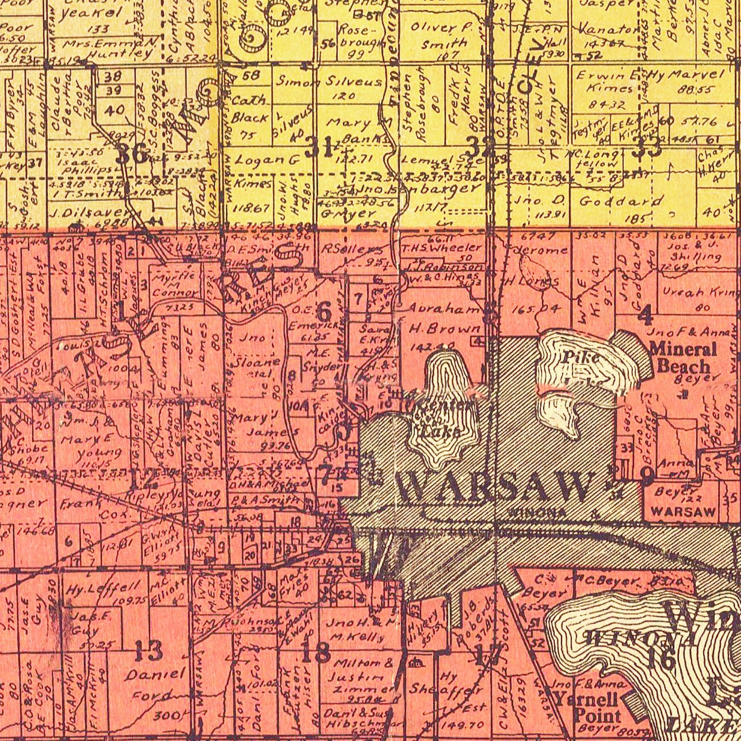 Vintage Map of Kosciusko County, Indiana 1916